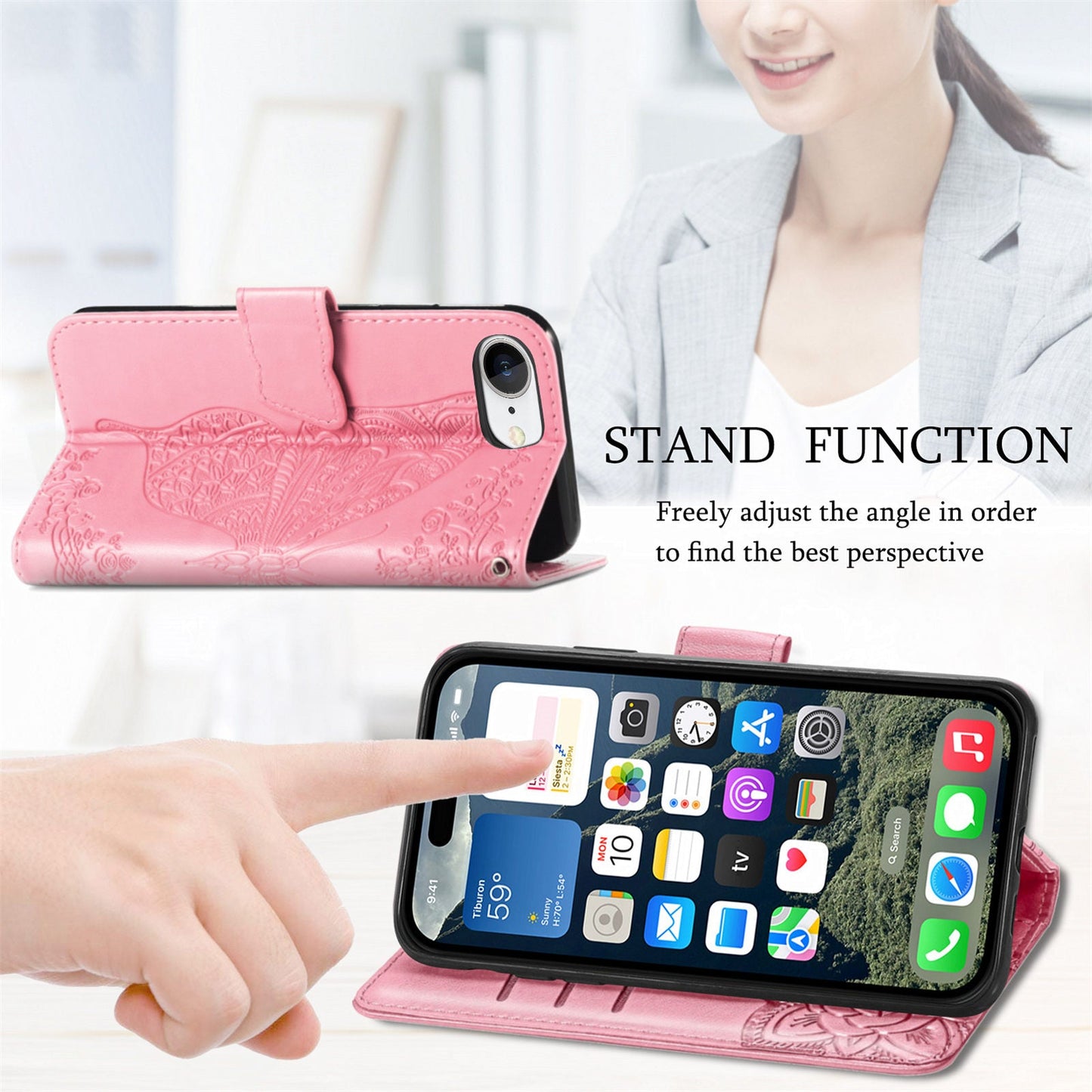For iPhone 16e Case with Strap Butterfly Pattern PU Leather Wallet Phone Cover - Pink