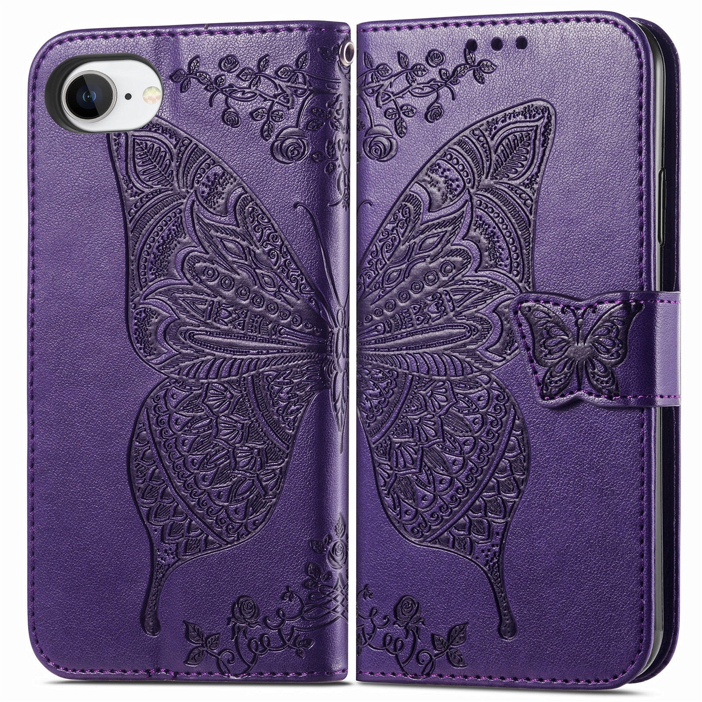 For iPhone 16e Case with Strap Butterfly Pattern PU Leather Wallet Phone Cover - Dark Purple