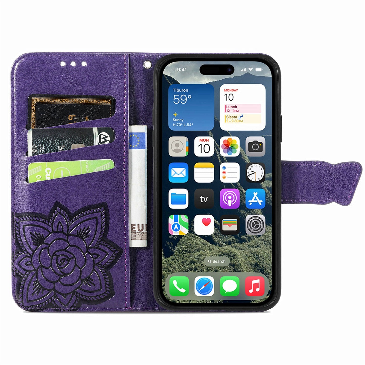 For iPhone 16e Case with Strap Butterfly Pattern PU Leather Wallet Phone Cover - Dark Purple