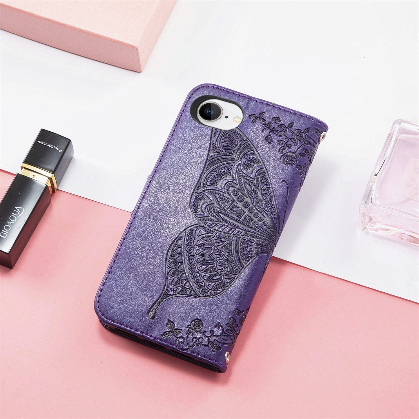 For iPhone 16e Case with Strap Butterfly Pattern PU Leather Wallet Phone Cover - Dark Purple