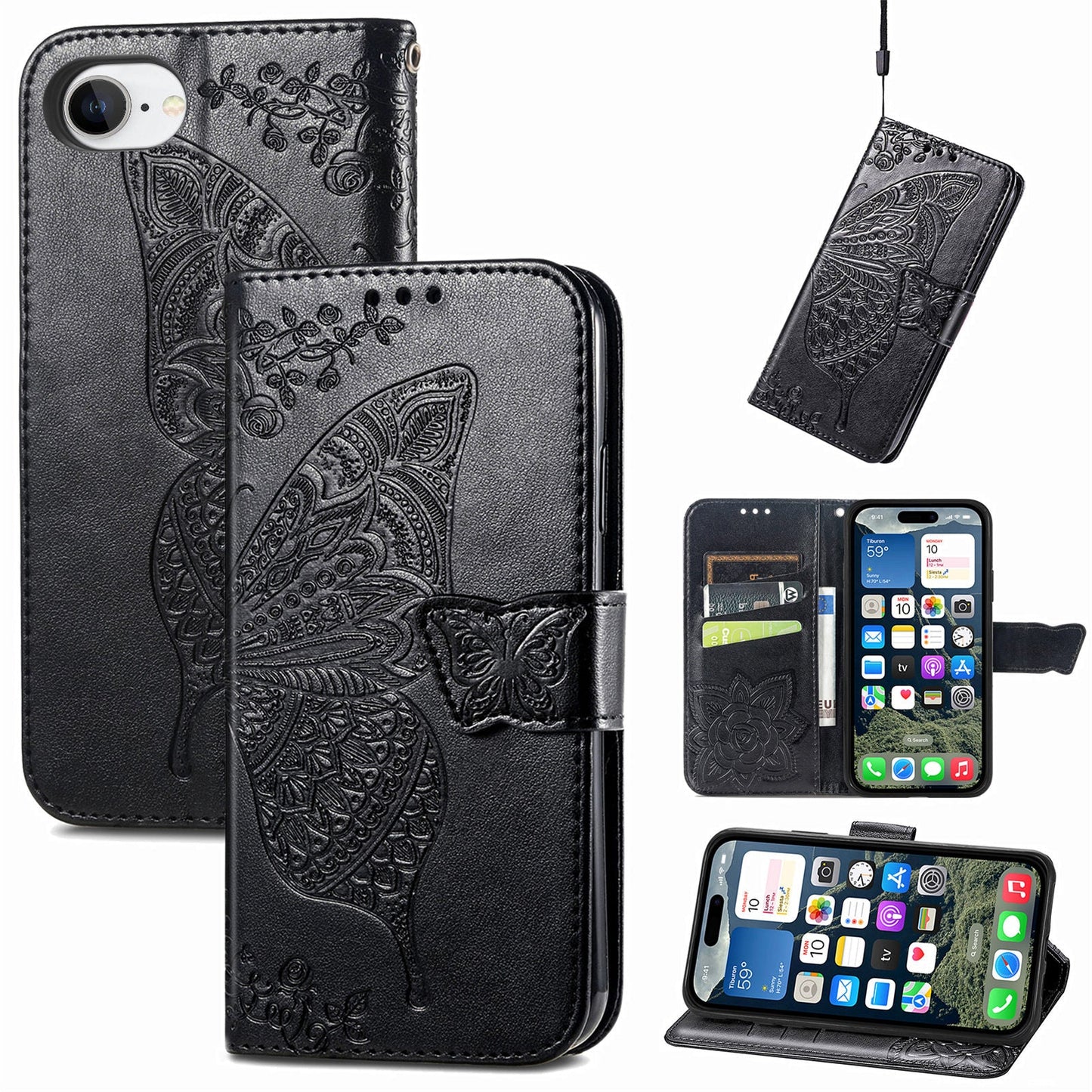 For iPhone 16e Case with Strap Butterfly Pattern PU Leather Wallet Phone Cover - Black