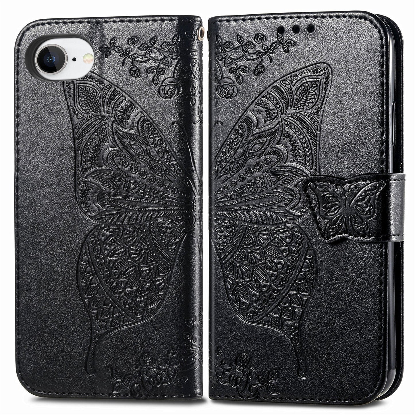 For iPhone 16e Case with Strap Butterfly Pattern PU Leather Wallet Phone Cover - Black