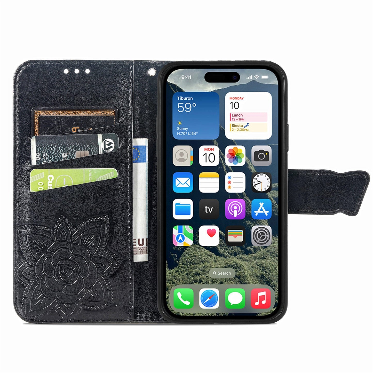 For iPhone 16e Case with Strap Butterfly Pattern PU Leather Wallet Phone Cover - Black