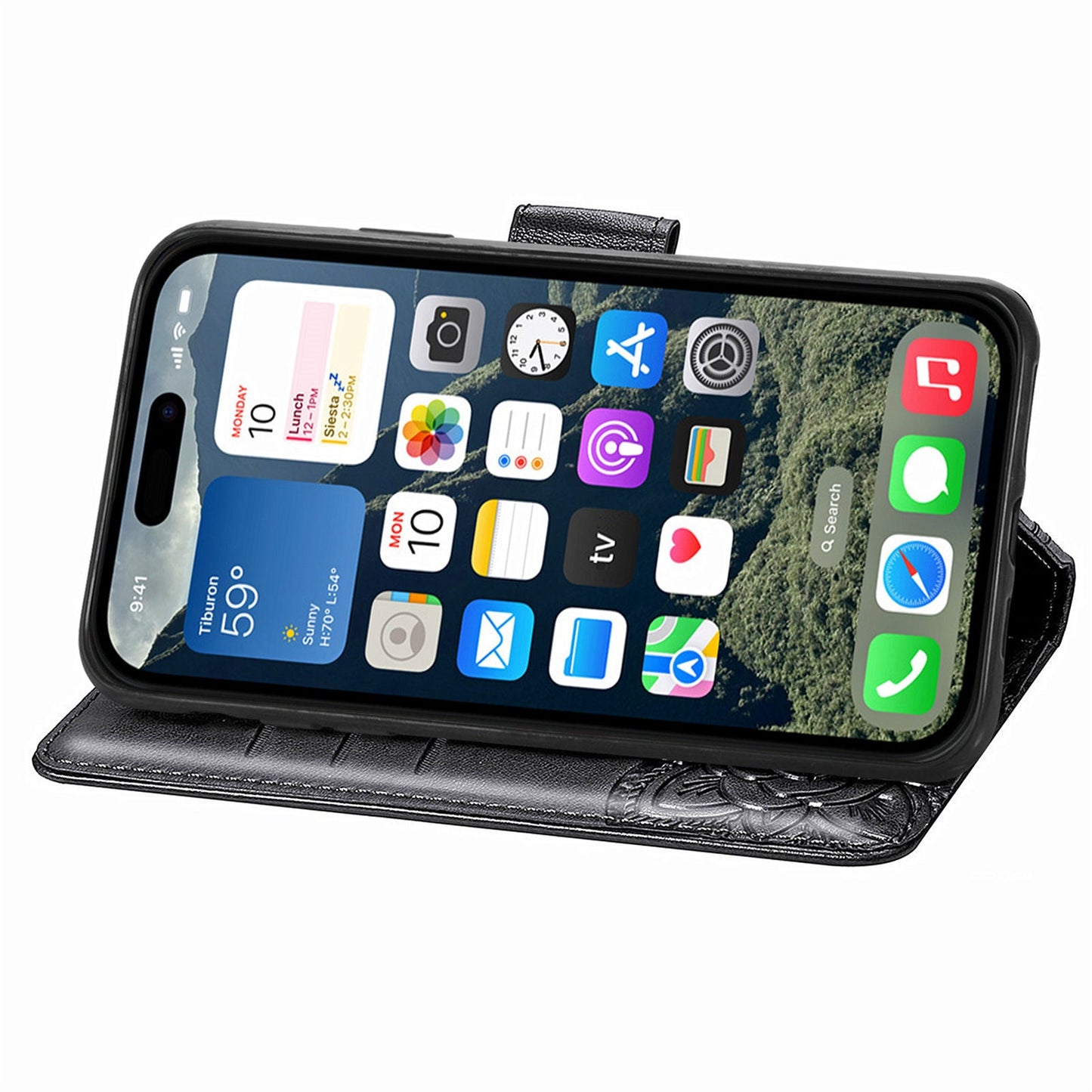 For iPhone 16e Case with Strap Butterfly Pattern PU Leather Wallet Phone Cover - Black