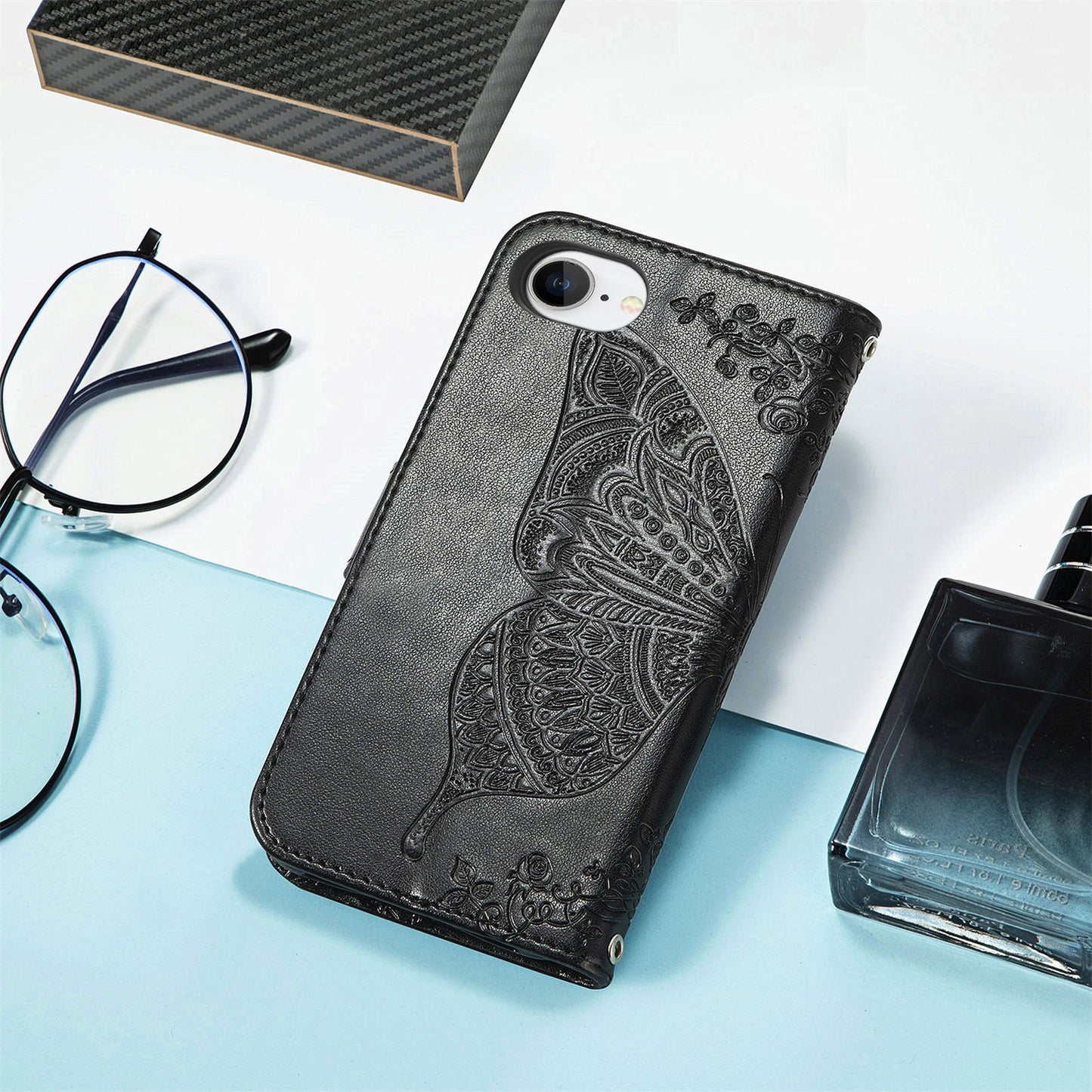 For iPhone 16e Case with Strap Butterfly Pattern PU Leather Wallet Phone Cover - Black