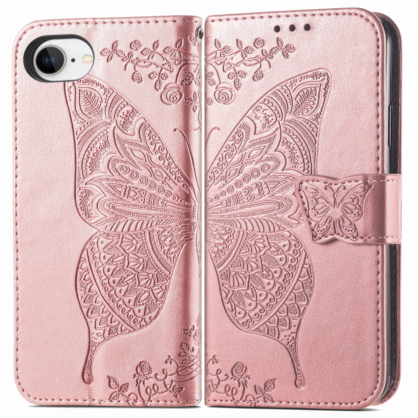 For iPhone 16e Case with Strap Butterfly Pattern PU Leather Wallet Phone Cover - Rose Gold