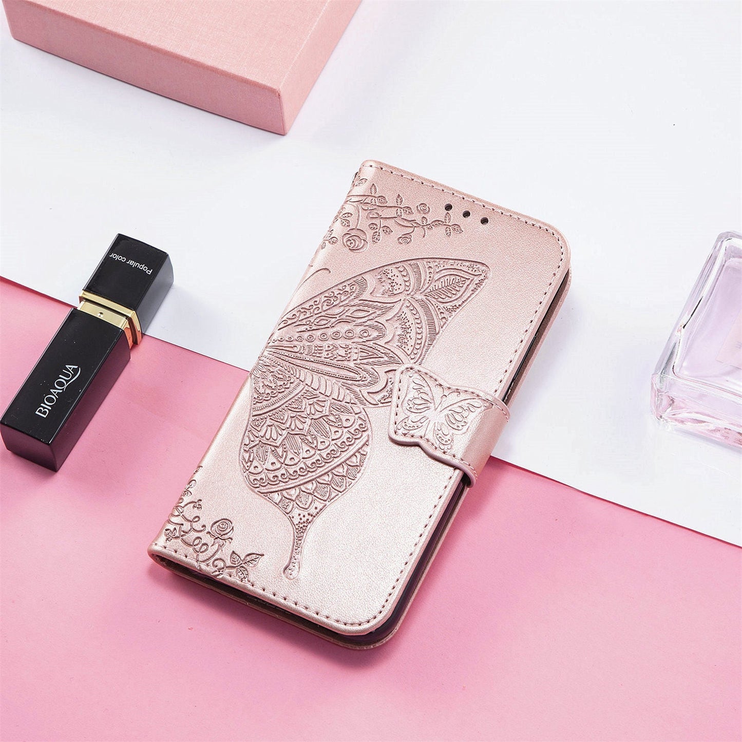 For iPhone 16e Case with Strap Butterfly Pattern PU Leather Wallet Phone Cover - Rose Gold
