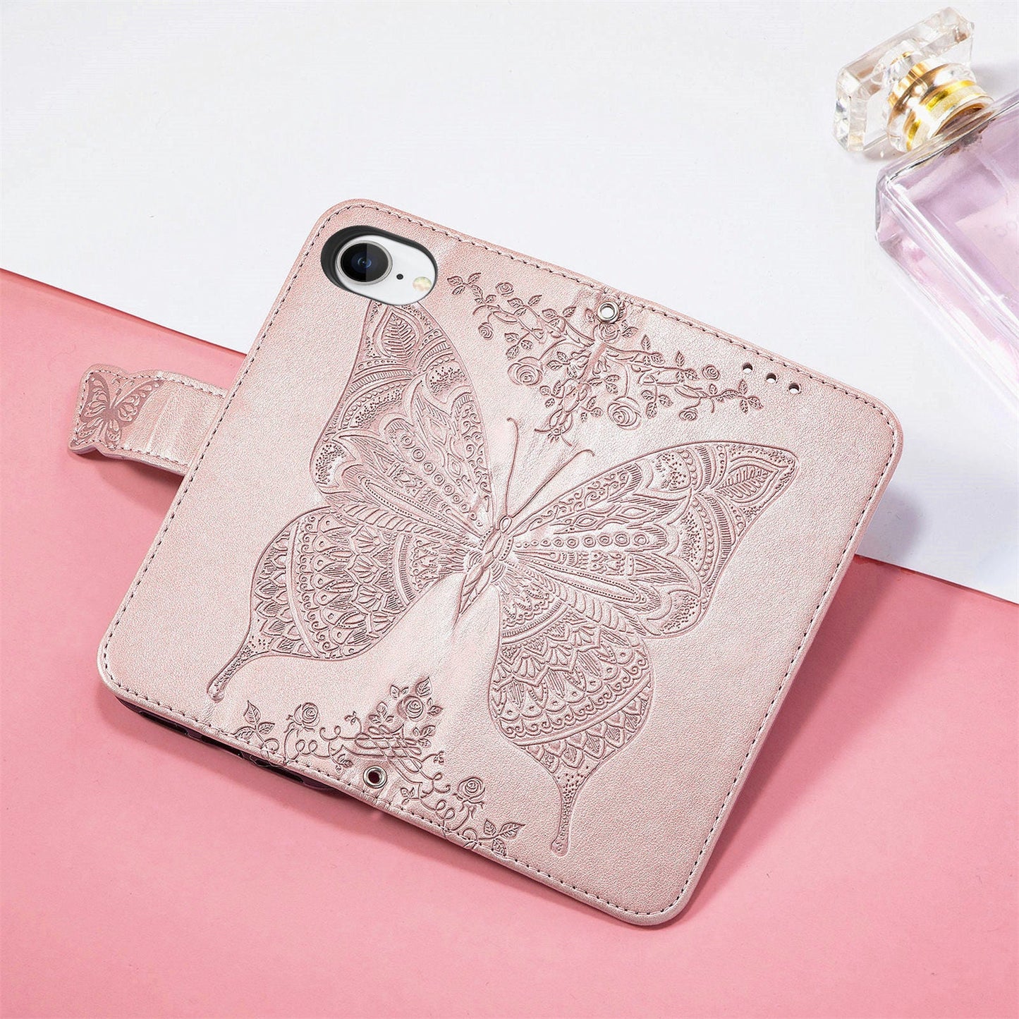 For iPhone 16e Case with Strap Butterfly Pattern PU Leather Wallet Phone Cover - Rose Gold