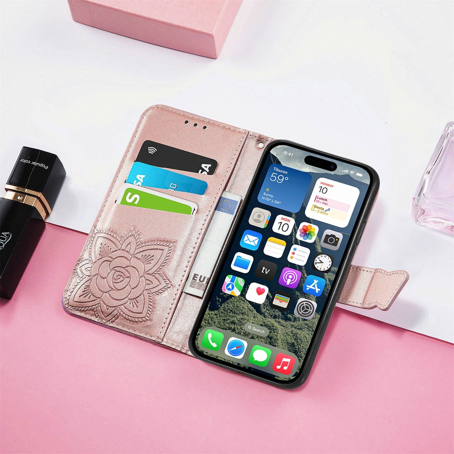 For iPhone 16e Case with Strap Butterfly Pattern PU Leather Wallet Phone Cover - Rose Gold