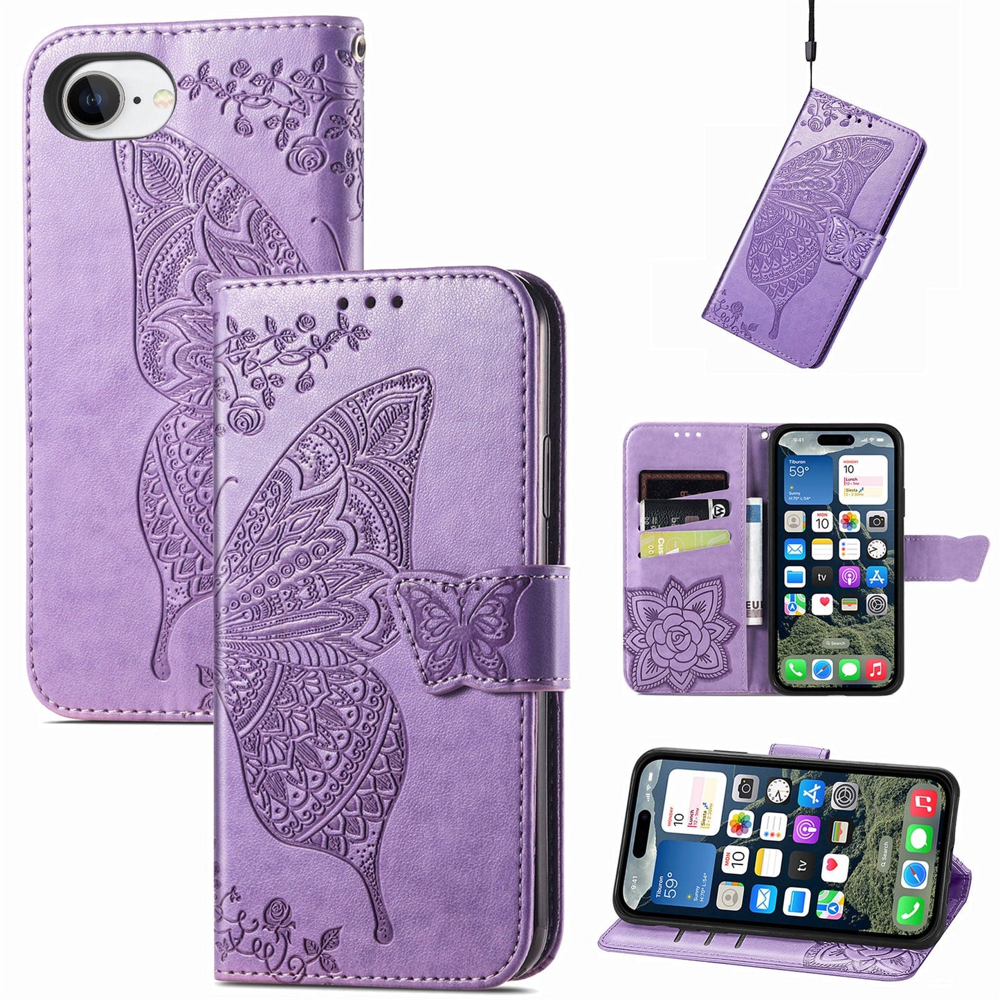 For iPhone 16e Case with Strap Butterfly Pattern PU Leather Wallet Phone Cover - Light Purple