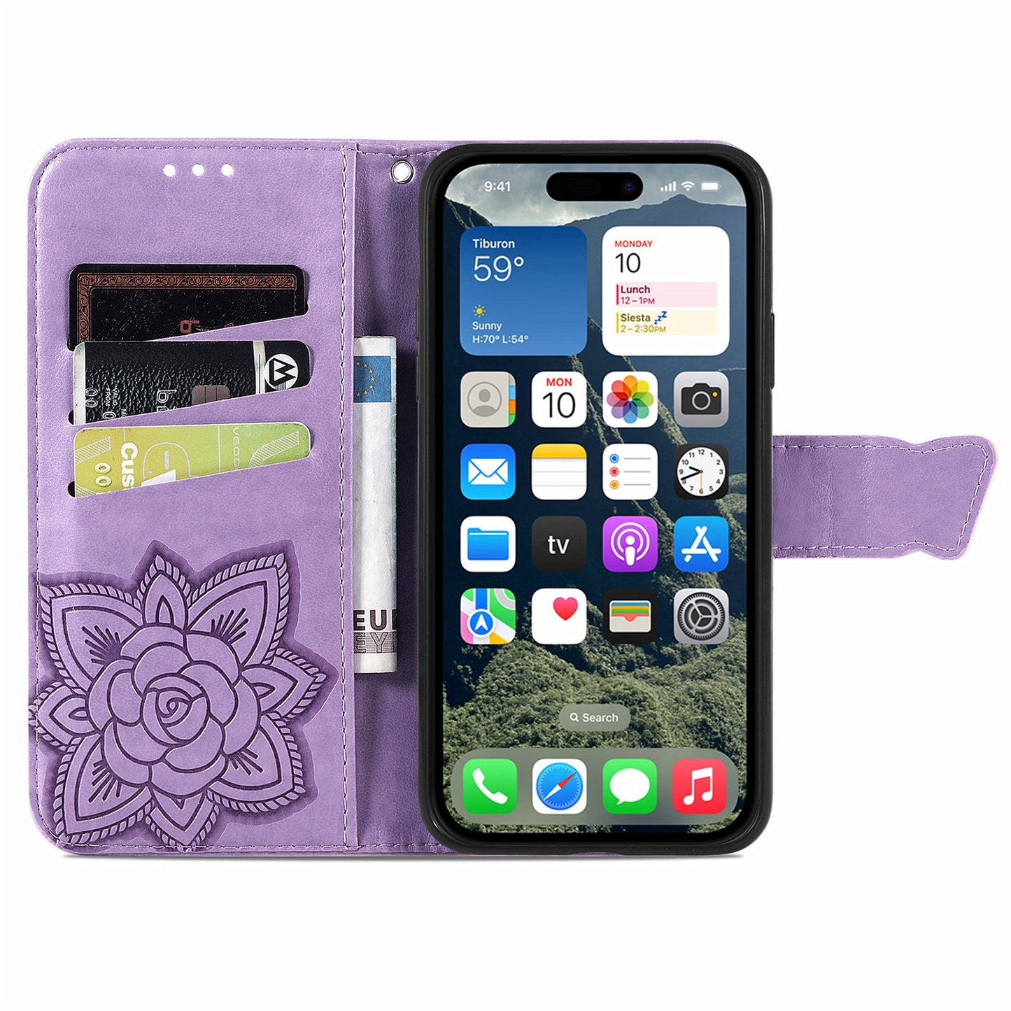 For iPhone 16e Case with Strap Butterfly Pattern PU Leather Wallet Phone Cover - Light Purple