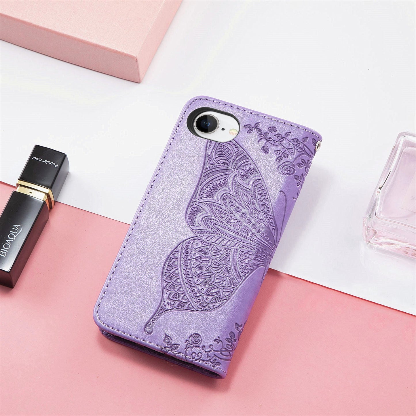 For iPhone 16e Case with Strap Butterfly Pattern PU Leather Wallet Phone Cover - Light Purple