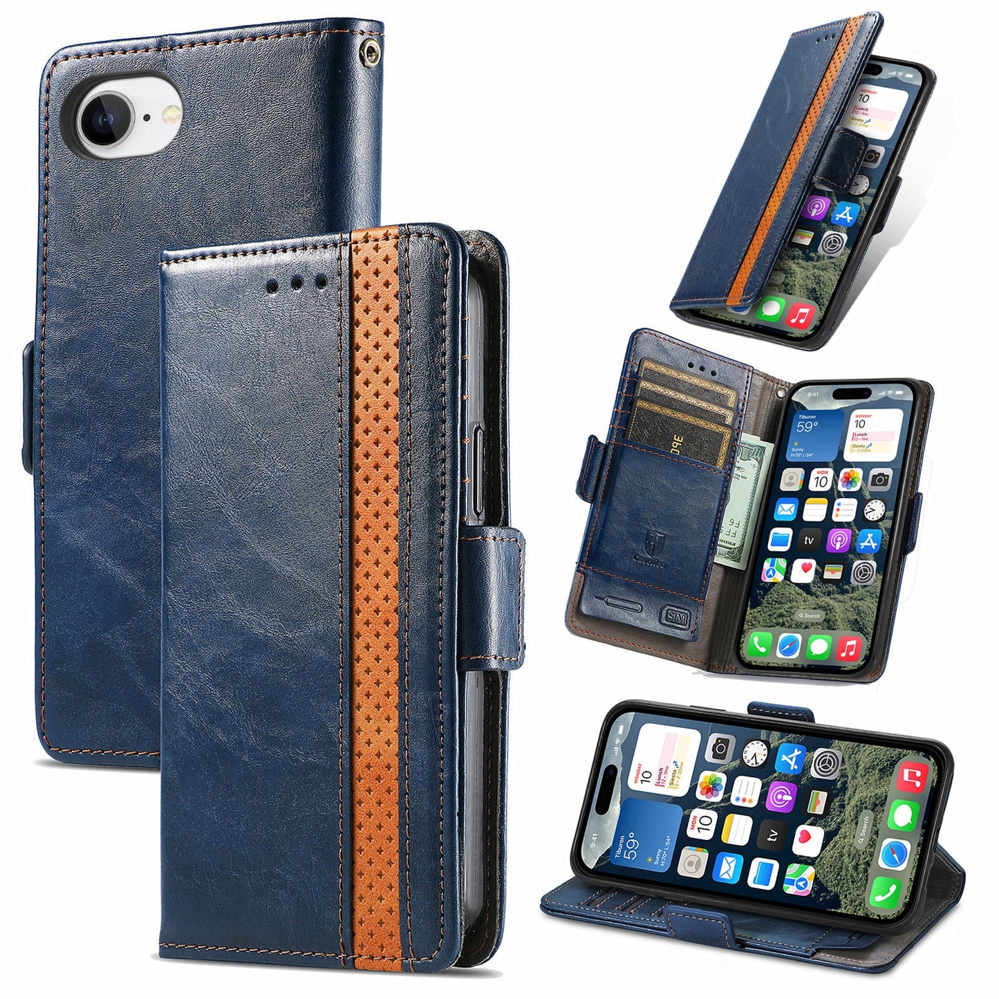 For iPhone 16e Case CASENEO 002 Series RFID Blocking Leather Wallet Stand Phone Cover - Dark Blue