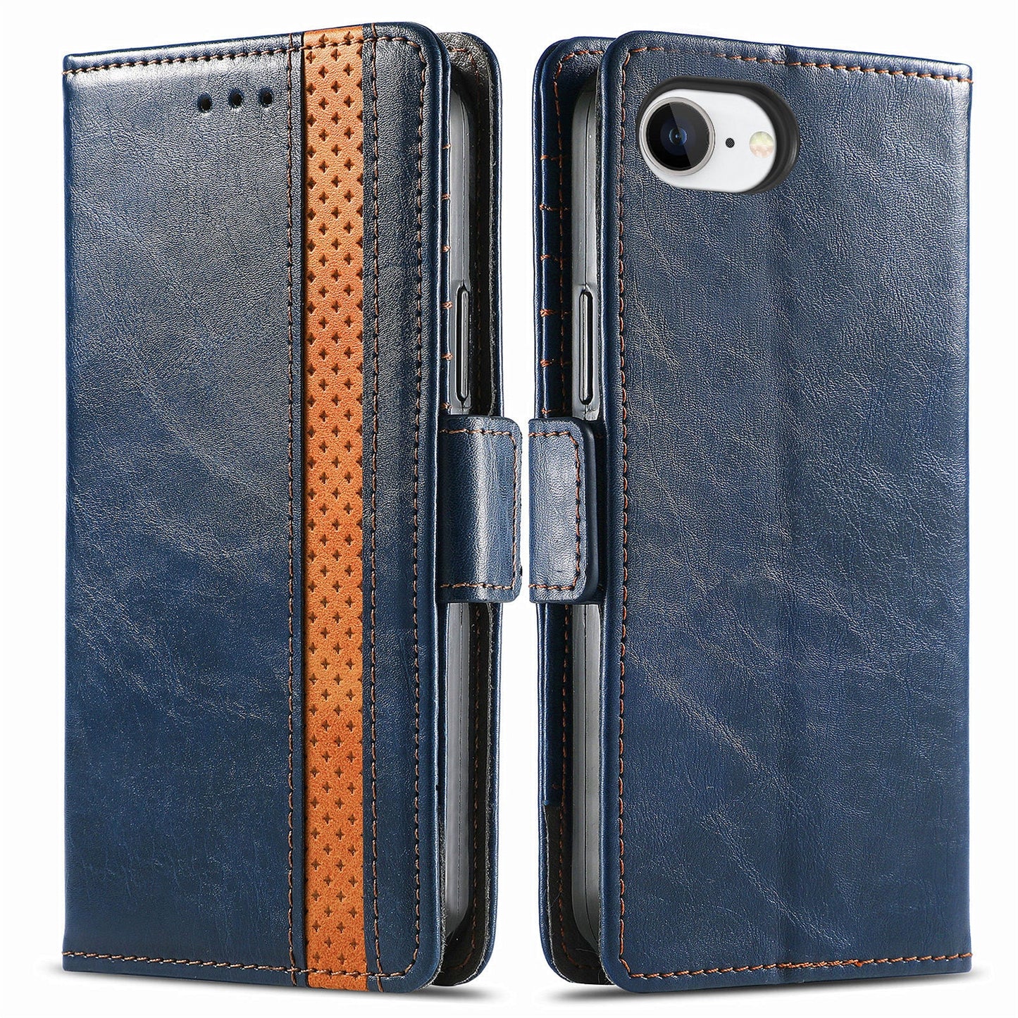 For iPhone 16e Case CASENEO 002 Series RFID Blocking Leather Wallet Stand Phone Cover - Dark Blue
