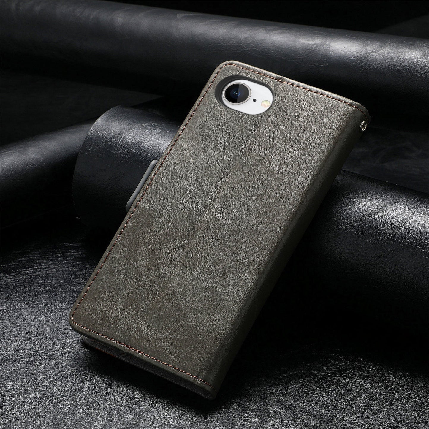 For iPhone 16e Case CASENEO 002 Series RFID Blocking Leather Wallet Stand Phone Cover - Grey