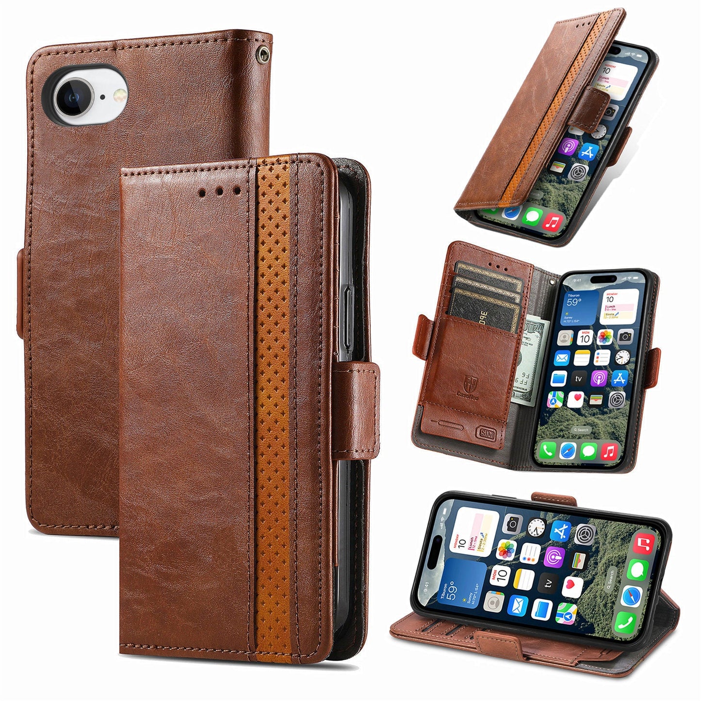 For iPhone 16e Case CASENEO 002 Series RFID Blocking Leather Wallet Stand Phone Cover - Dark Brown