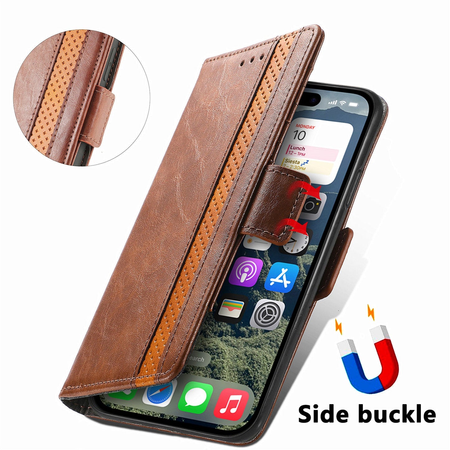 For iPhone 16e Case CASENEO 002 Series RFID Blocking Leather Wallet Stand Phone Cover - Dark Brown