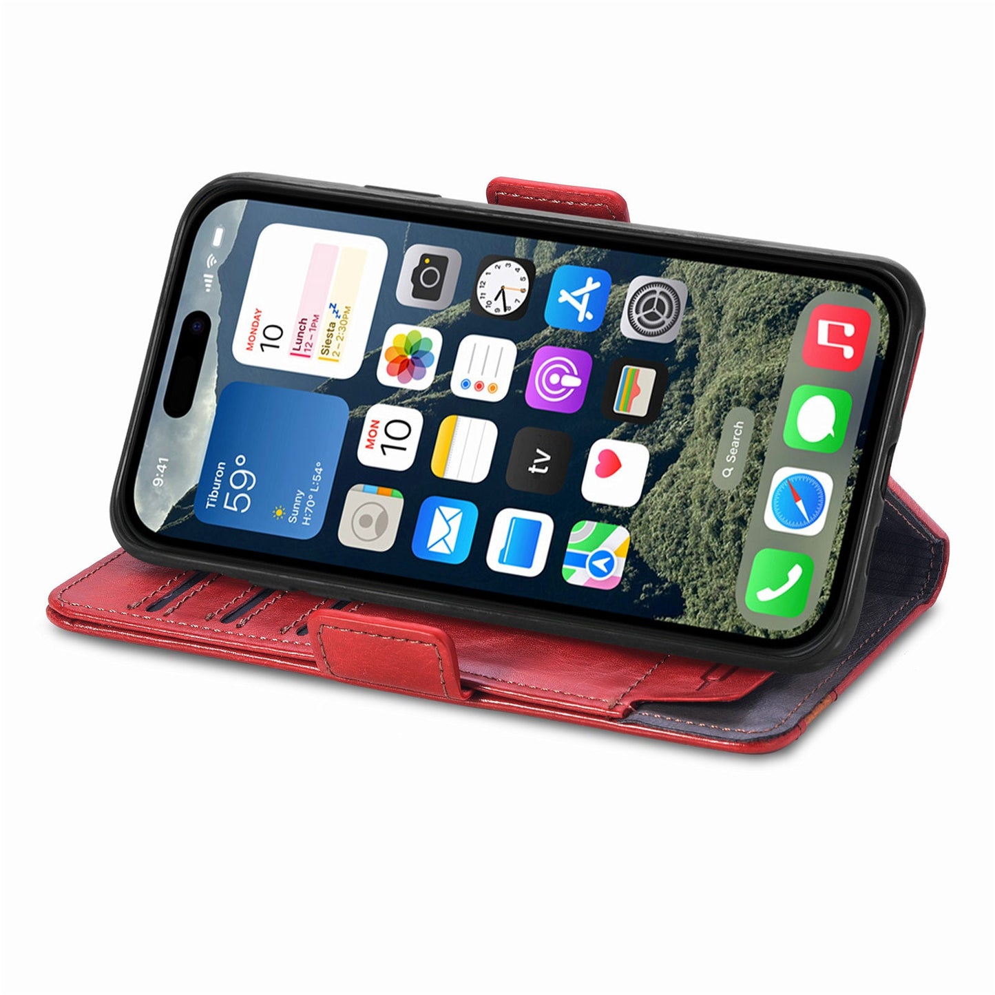 For iPhone 16e Case CASENEO 002 Series RFID Blocking Leather Wallet Stand Phone Cover - Red