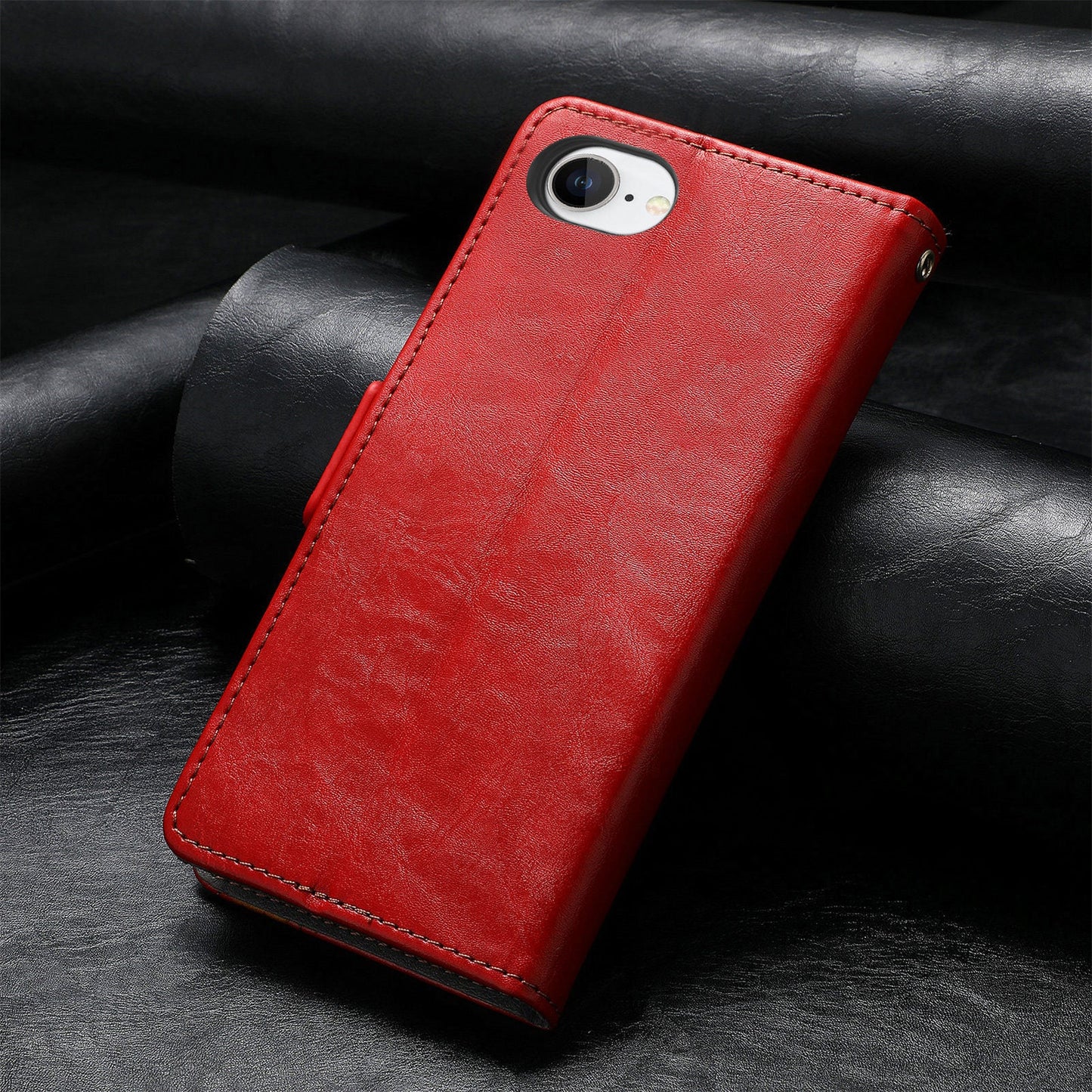 For iPhone 16e Case CASENEO 002 Series RFID Blocking Leather Wallet Stand Phone Cover - Red