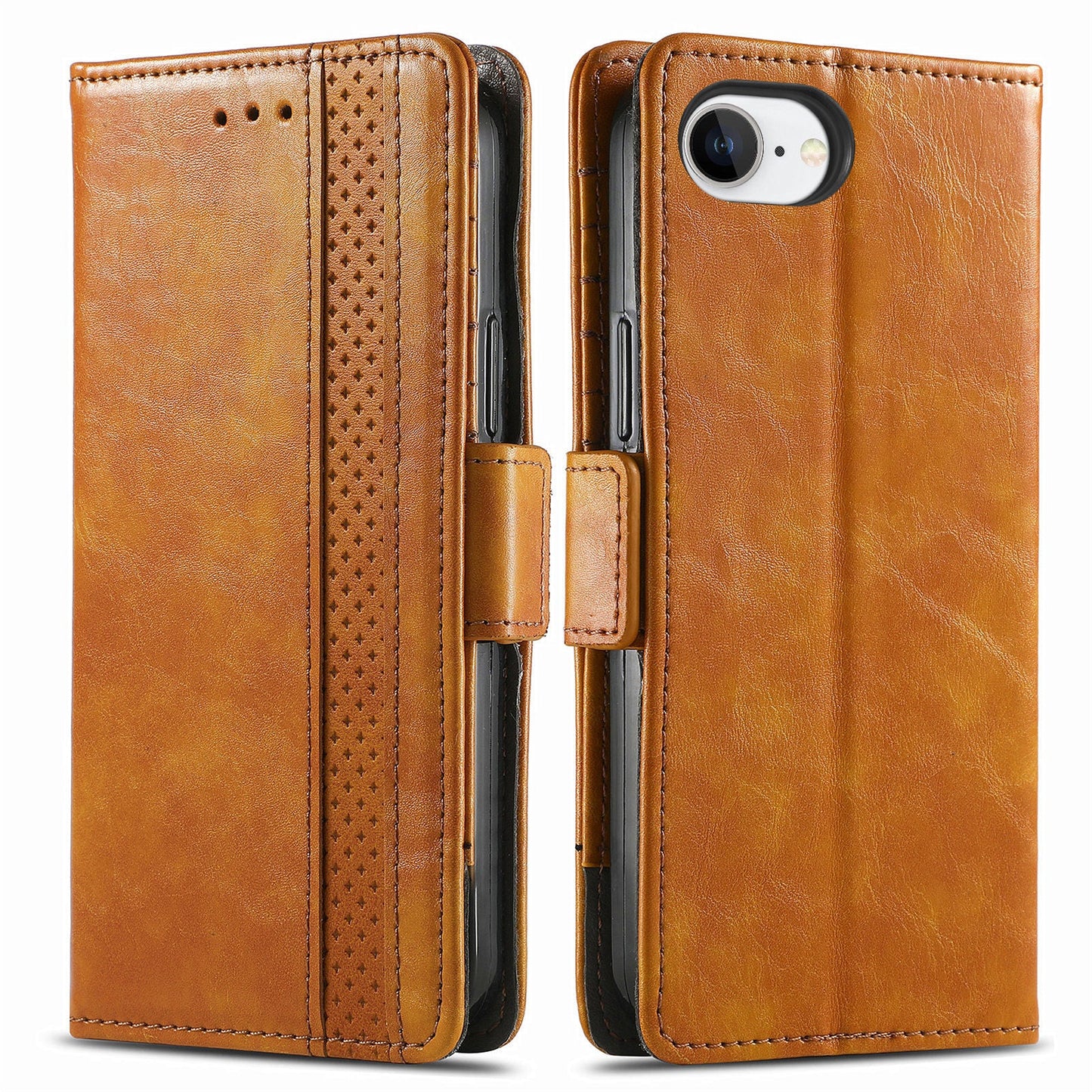 For iPhone 16e Case CASENEO 002 Series RFID Blocking Leather Wallet Stand Phone Cover - Khaki