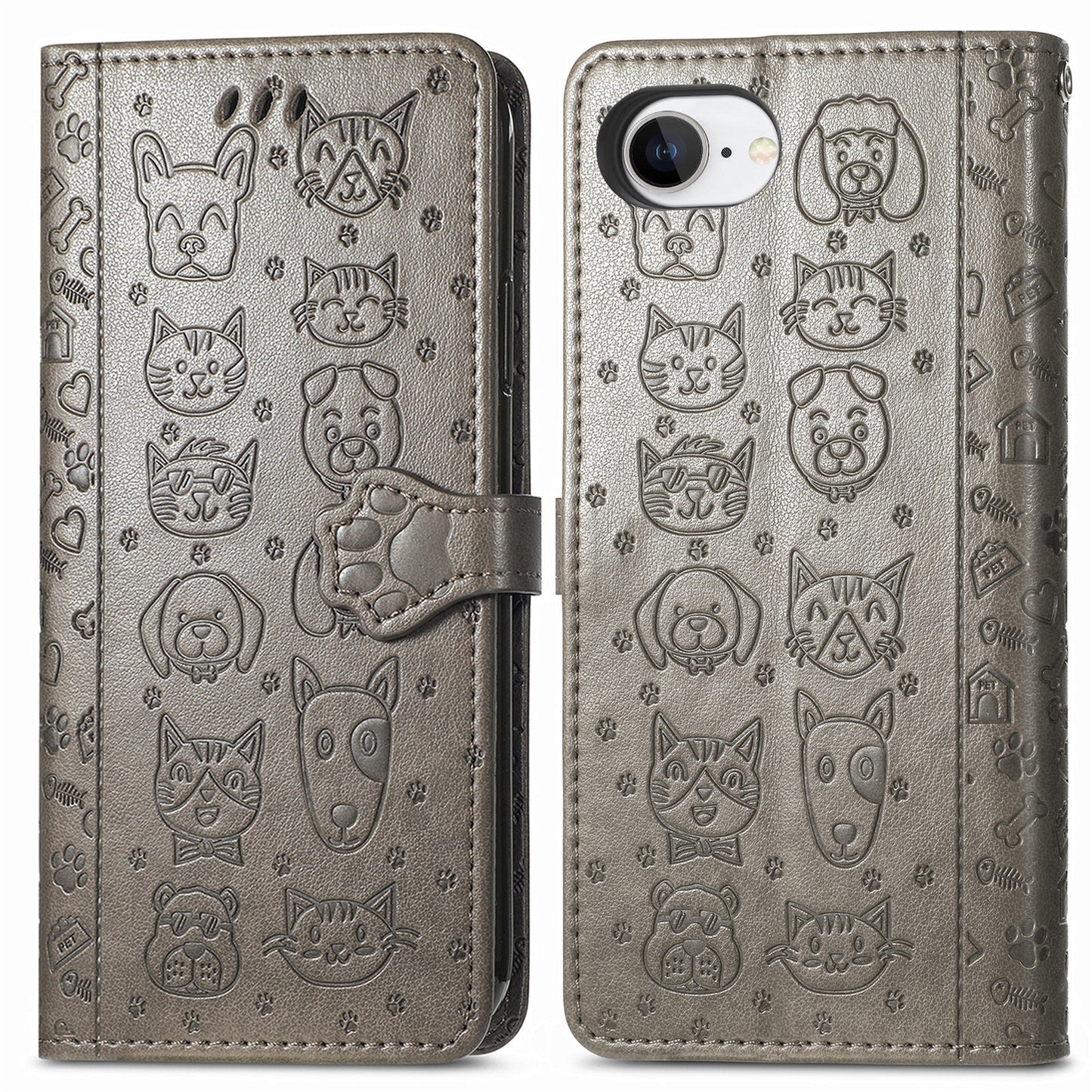 For iPhone 16e Leather Wallet Case Flip Phone Cover with Cute Cat Dog Pattern - Grey