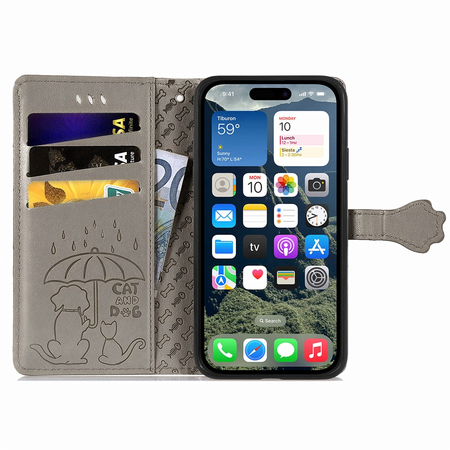 For iPhone 16e Leather Wallet Case Flip Phone Cover with Cute Cat Dog Pattern - Grey