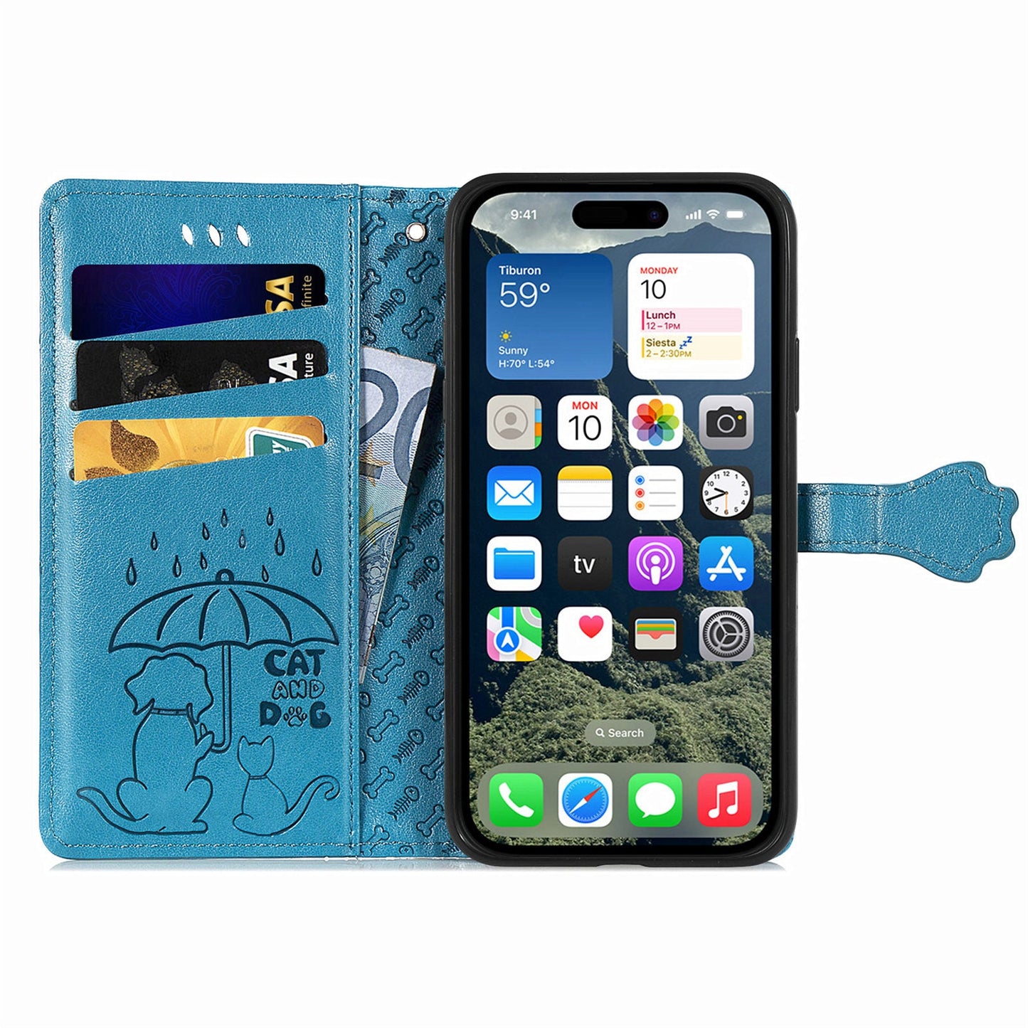 For iPhone 16e Leather Wallet Case Flip Phone Cover with Cute Cat Dog Pattern - Blue
