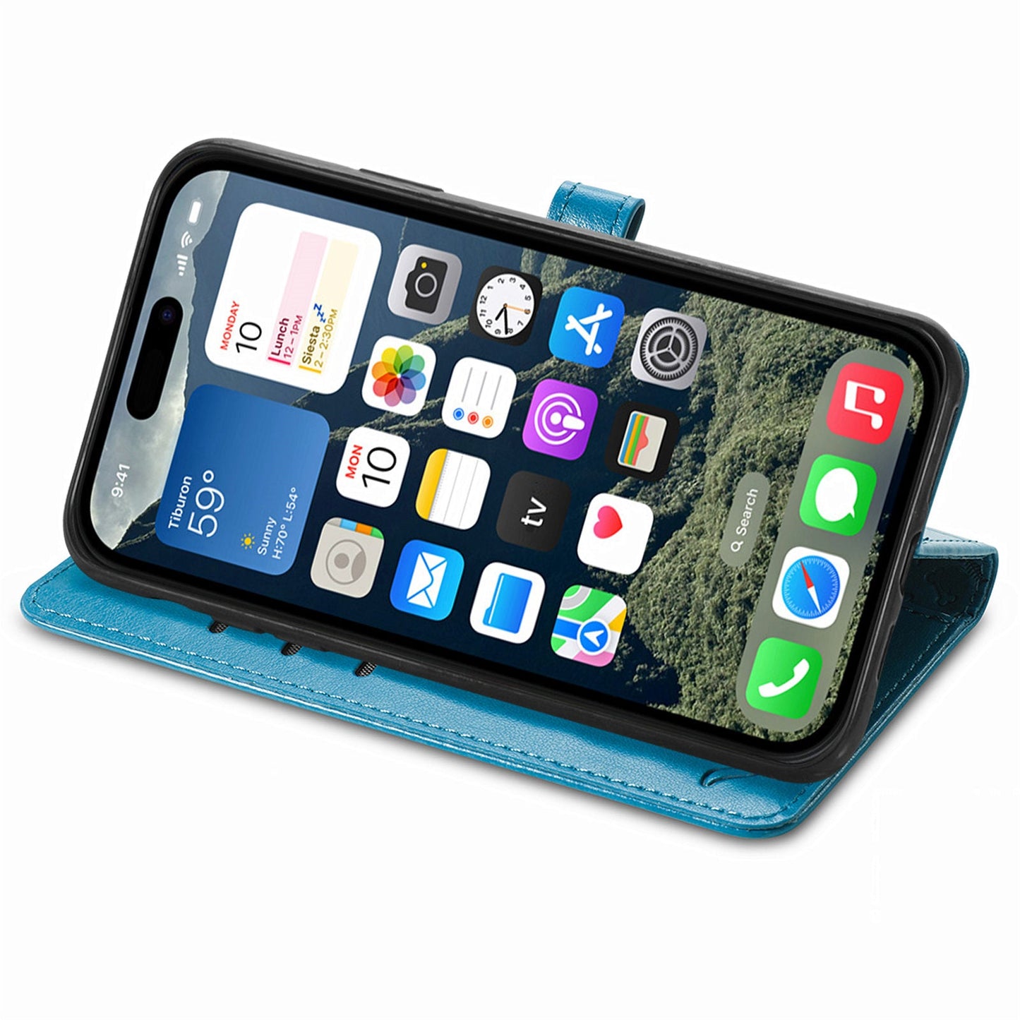 For iPhone 16e Leather Wallet Case Flip Phone Cover with Cute Cat Dog Pattern - Blue