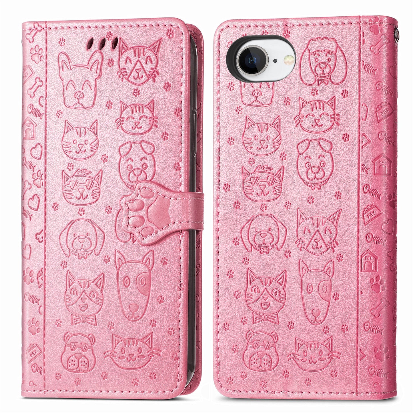 For iPhone 16e Leather Wallet Case Flip Phone Cover with Cute Cat Dog Pattern - Pink