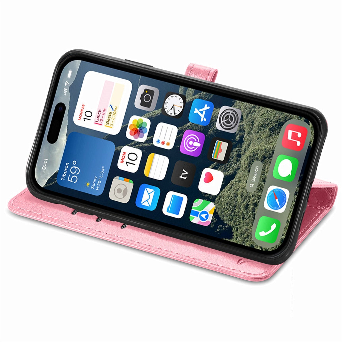 For iPhone 16e Leather Wallet Case Flip Phone Cover with Cute Cat Dog Pattern - Pink