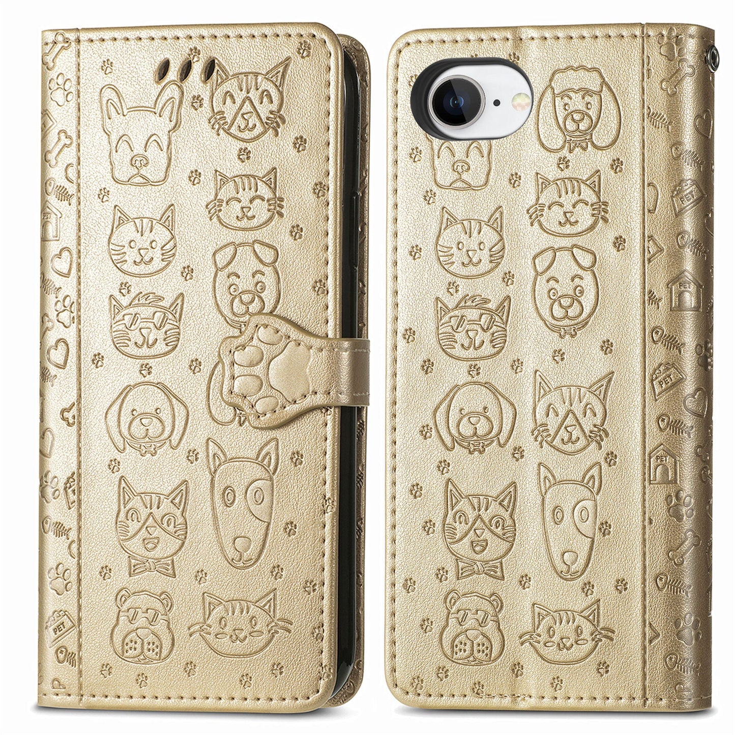 For iPhone 16e Leather Wallet Case Flip Phone Cover with Cute Cat Dog Pattern - Gold