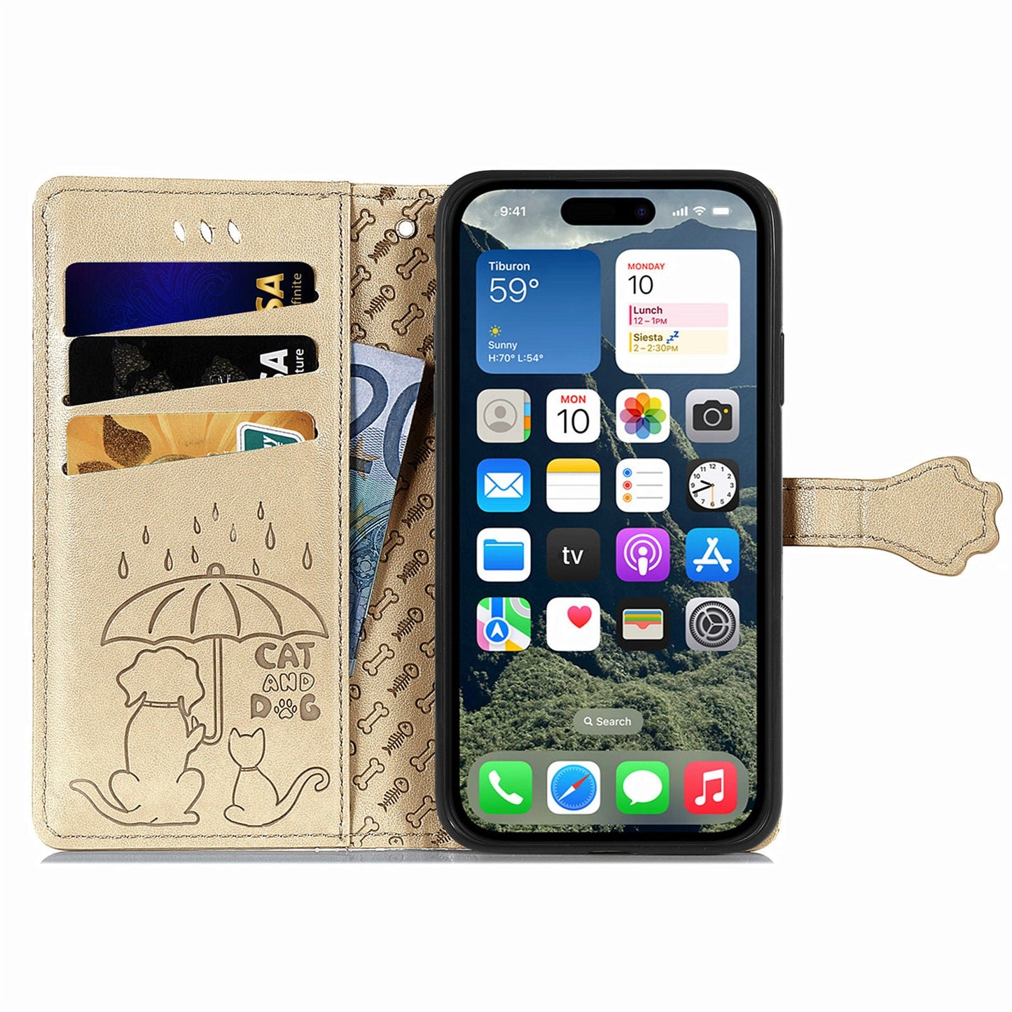 For iPhone 16e Leather Wallet Case Flip Phone Cover with Cute Cat Dog Pattern - Gold