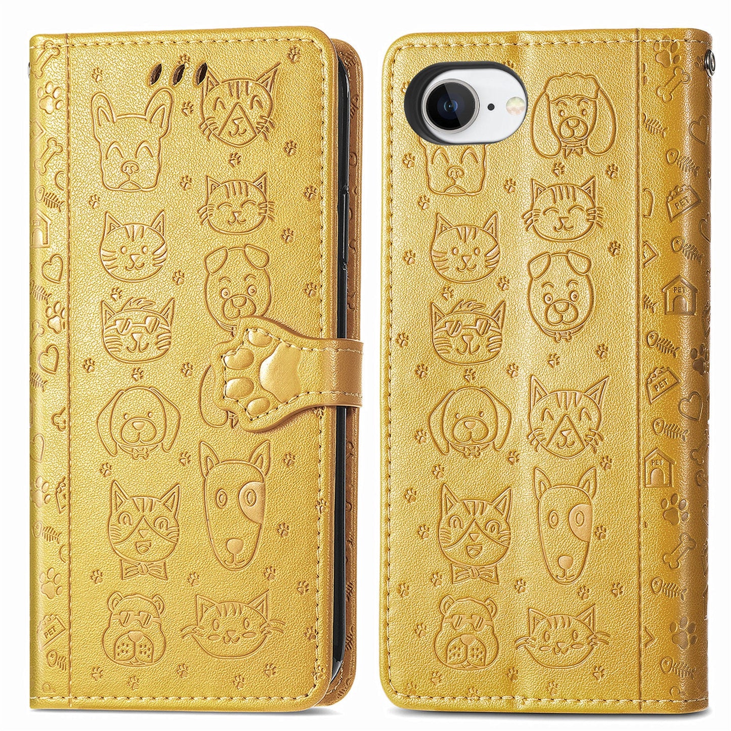For iPhone 16e Leather Wallet Case Flip Phone Cover with Cute Cat Dog Pattern - Yellow
