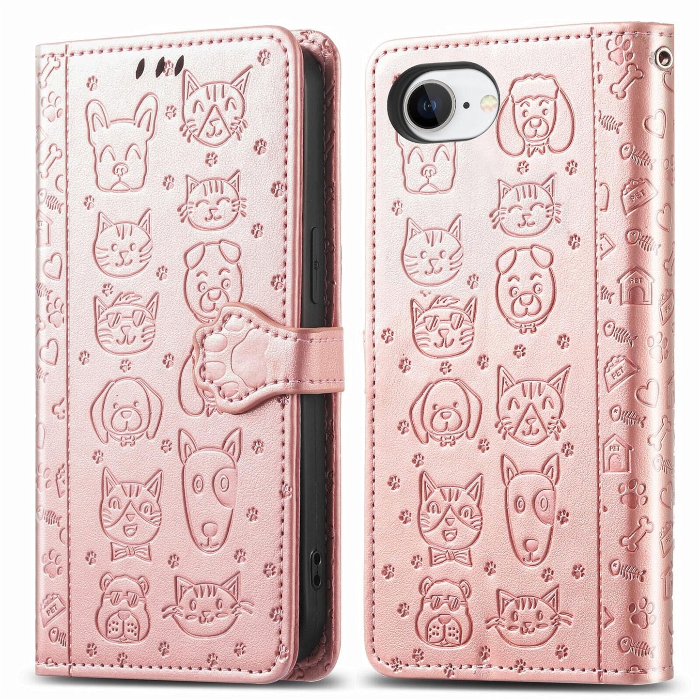 For iPhone 16e Leather Wallet Case Flip Phone Cover with Cute Cat Dog Pattern - Rose Gold