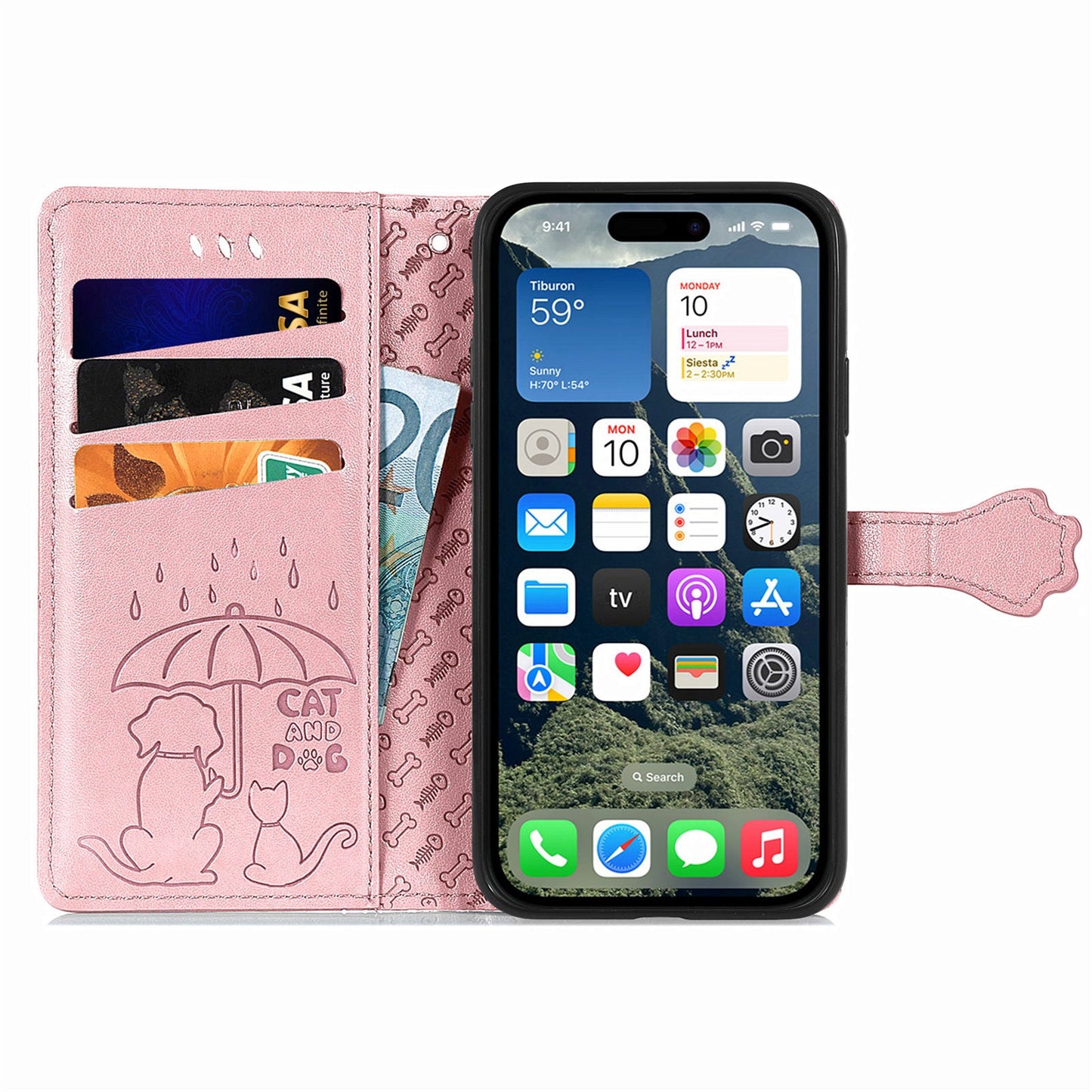 For iPhone 16e Leather Wallet Case Flip Phone Cover with Cute Cat Dog Pattern - Rose Gold