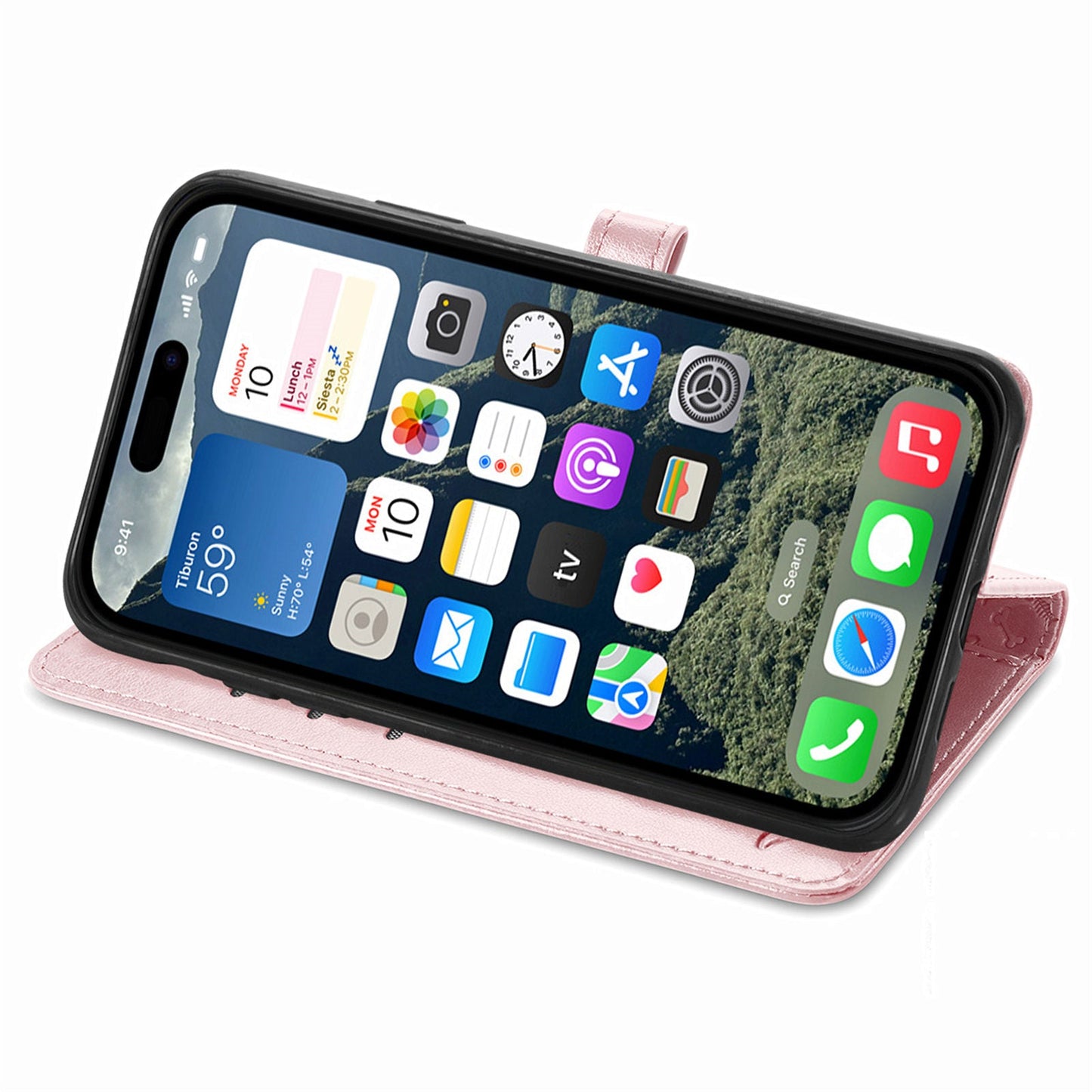 For iPhone 16e Leather Wallet Case Flip Phone Cover with Cute Cat Dog Pattern - Rose Gold