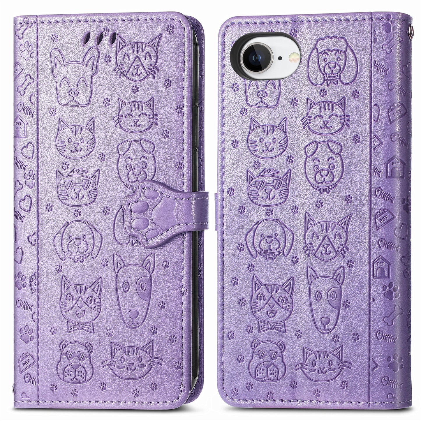 For iPhone 16e Leather Wallet Case Flip Phone Cover with Cute Cat Dog Pattern - Light Purple