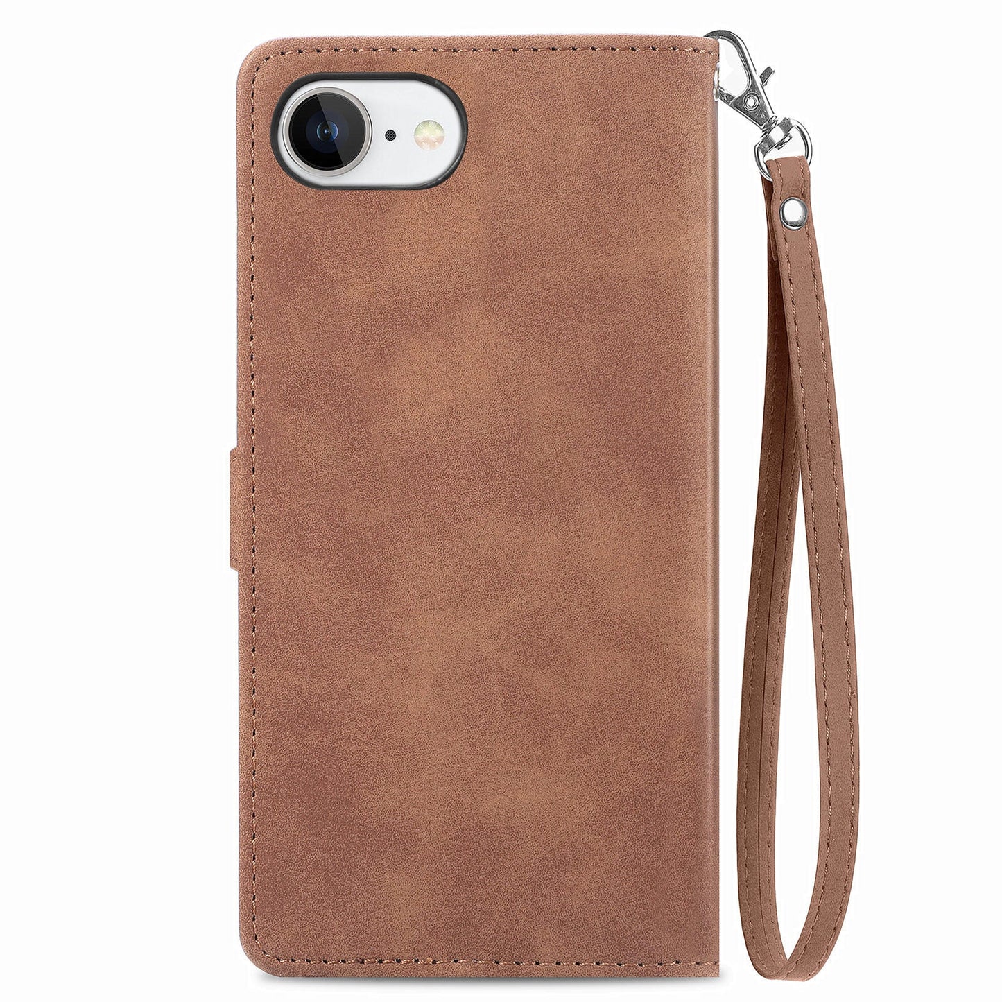 For iPhone 16e Zipper Wallet Case Flower Imprint PU Leather Phone Cover with Strap - Brown