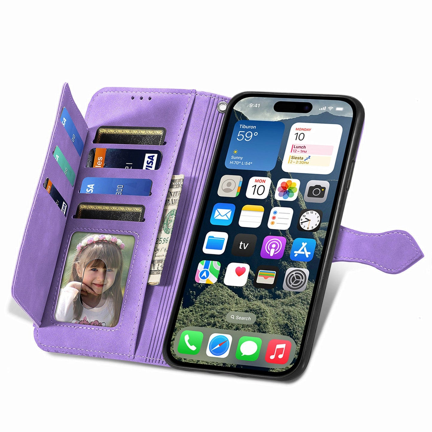For iPhone 16e Zipper Wallet Case Flower Imprint PU Leather Phone Cover with Strap - Light Purple