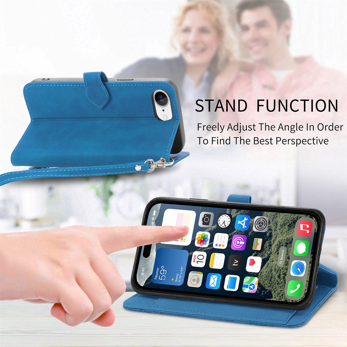 For iPhone 16e Zipper Wallet Case Flower Imprint PU Leather Phone Cover with Strap - Blue