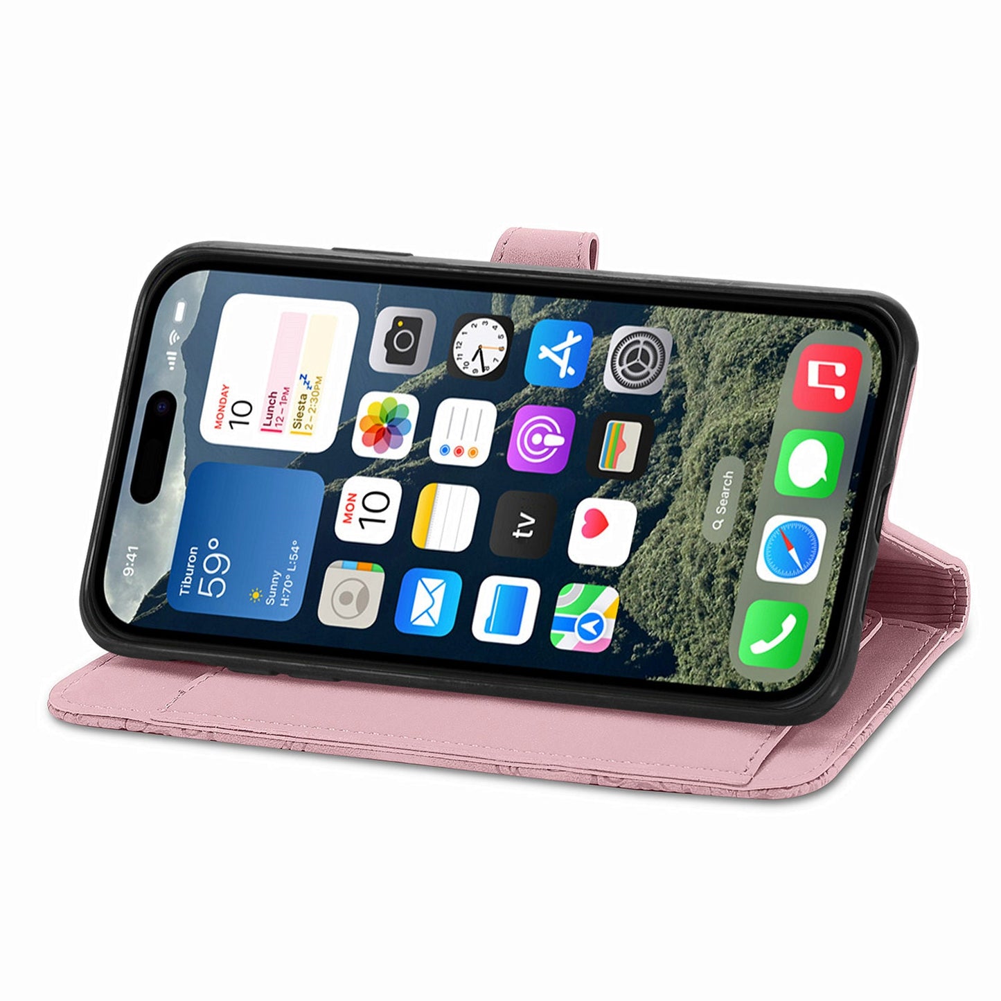 For iPhone 16e Zipper Wallet Case Flower Imprint PU Leather Phone Cover with Strap - Pink