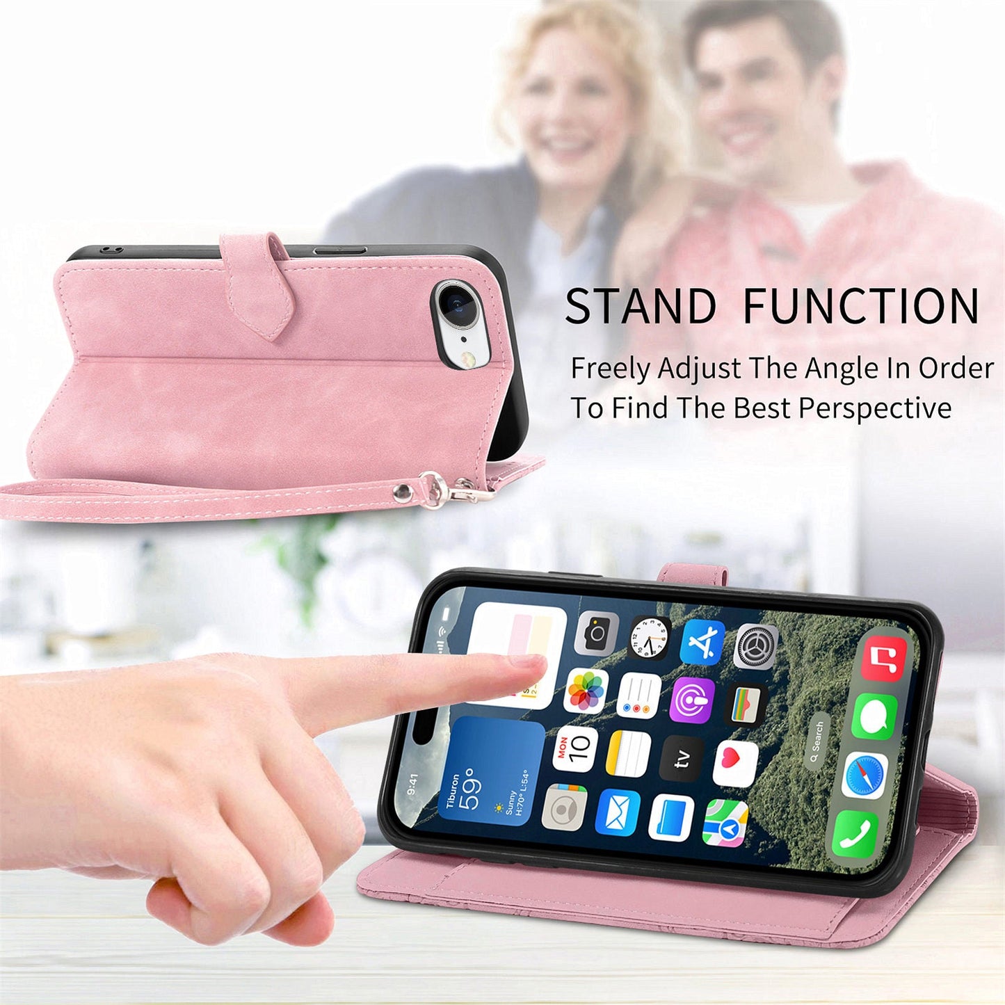 For iPhone 16e Zipper Wallet Case Flower Imprint PU Leather Phone Cover with Strap - Pink