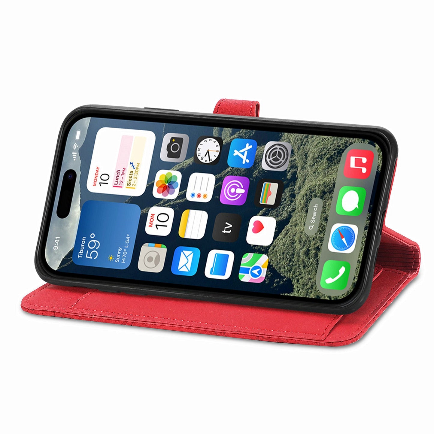 For iPhone 16e Zipper Wallet Case Flower Imprint PU Leather Phone Cover with Strap - Red