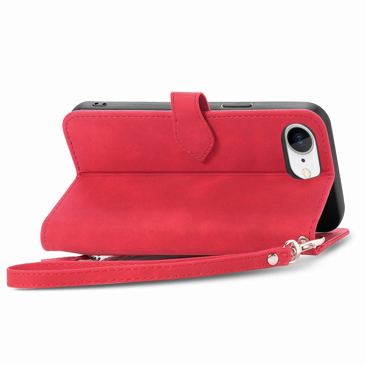 For iPhone 16e Zipper Wallet Case Flower Imprint PU Leather Phone Cover with Strap - Red