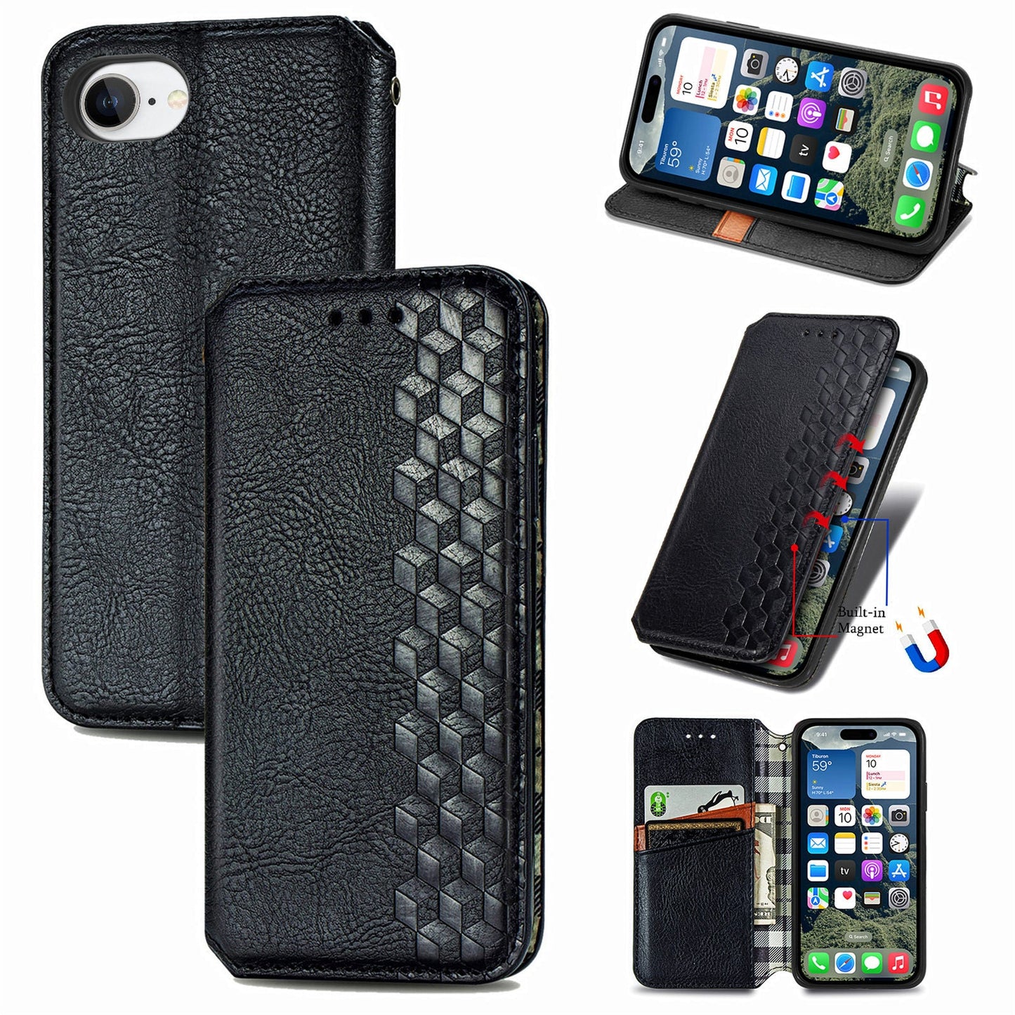 For iPhone 16e PU Leather Case Rhombus Imprint Wallet Stand Phone Cover - Black