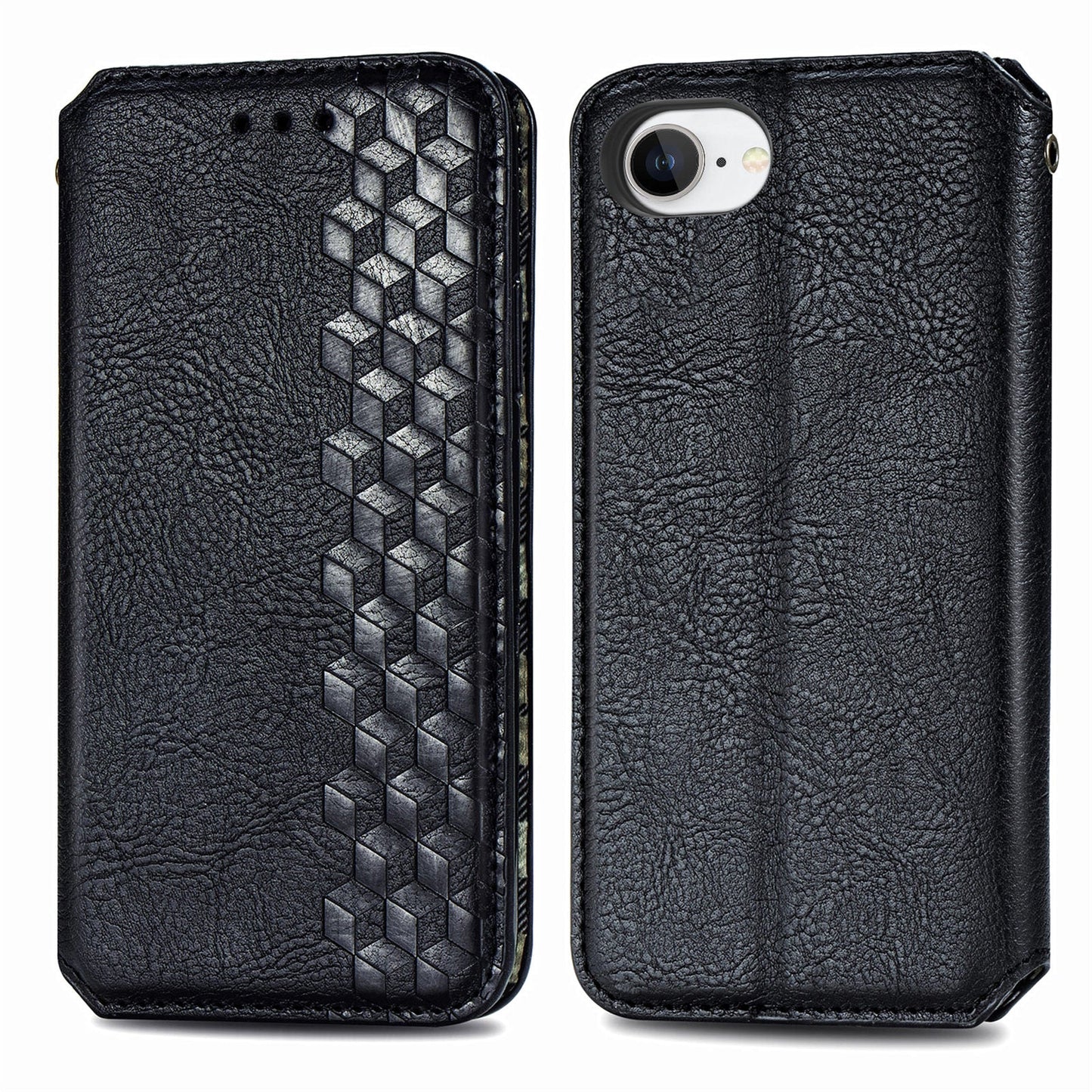 For iPhone 16e PU Leather Case Rhombus Imprint Wallet Stand Phone Cover - Black
