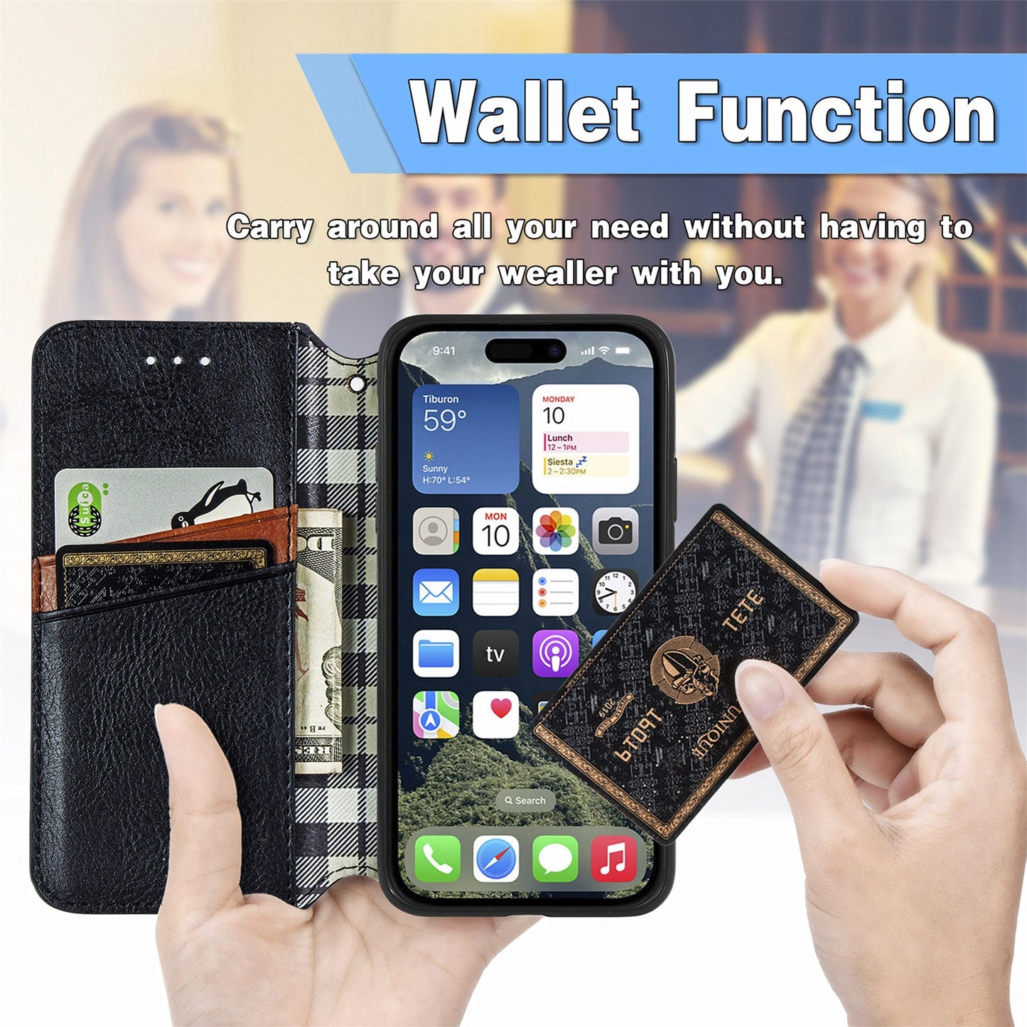 For iPhone 16e PU Leather Case Rhombus Imprint Wallet Stand Phone Cover - Black