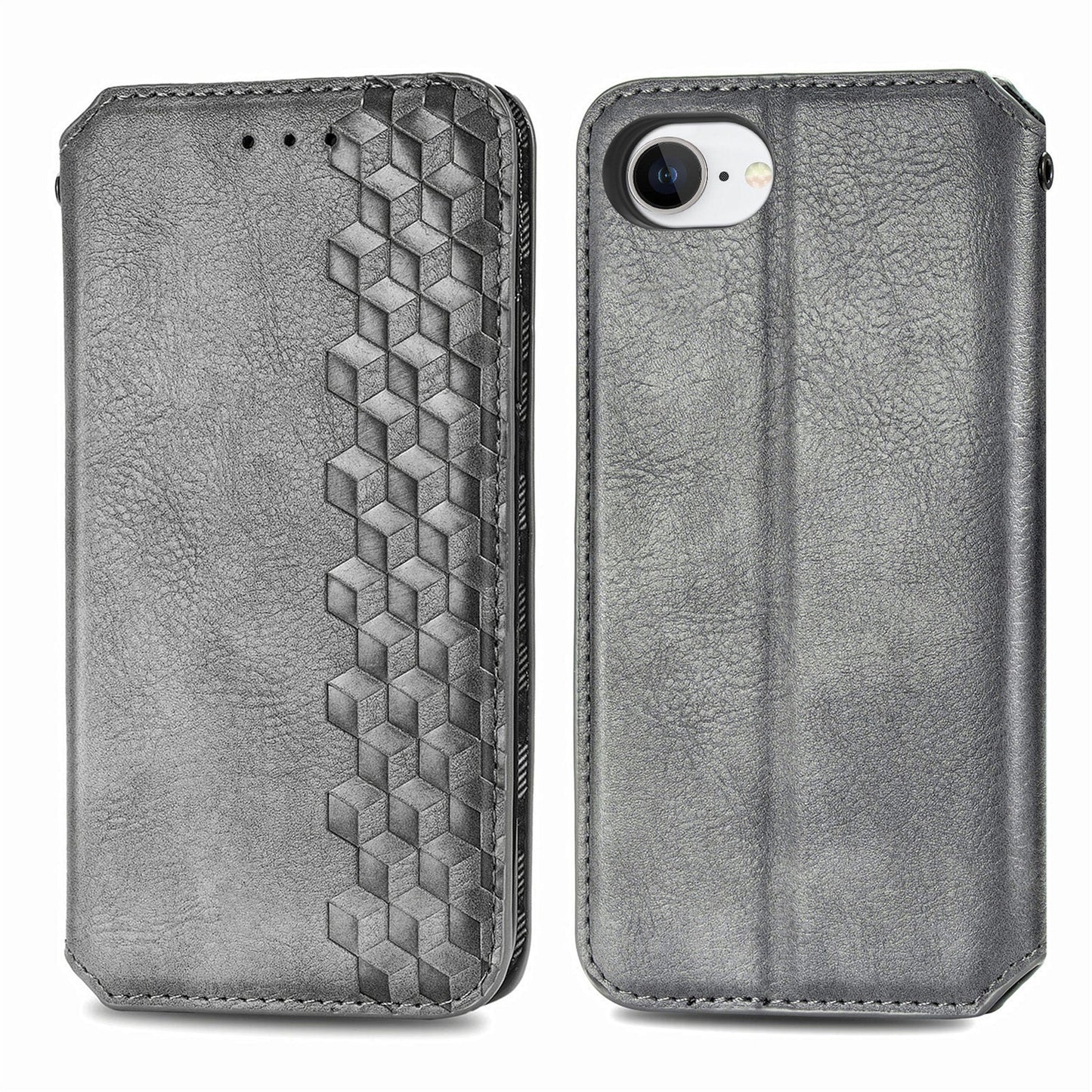 For iPhone 16e PU Leather Case Rhombus Imprint Wallet Stand Phone Cover - Grey