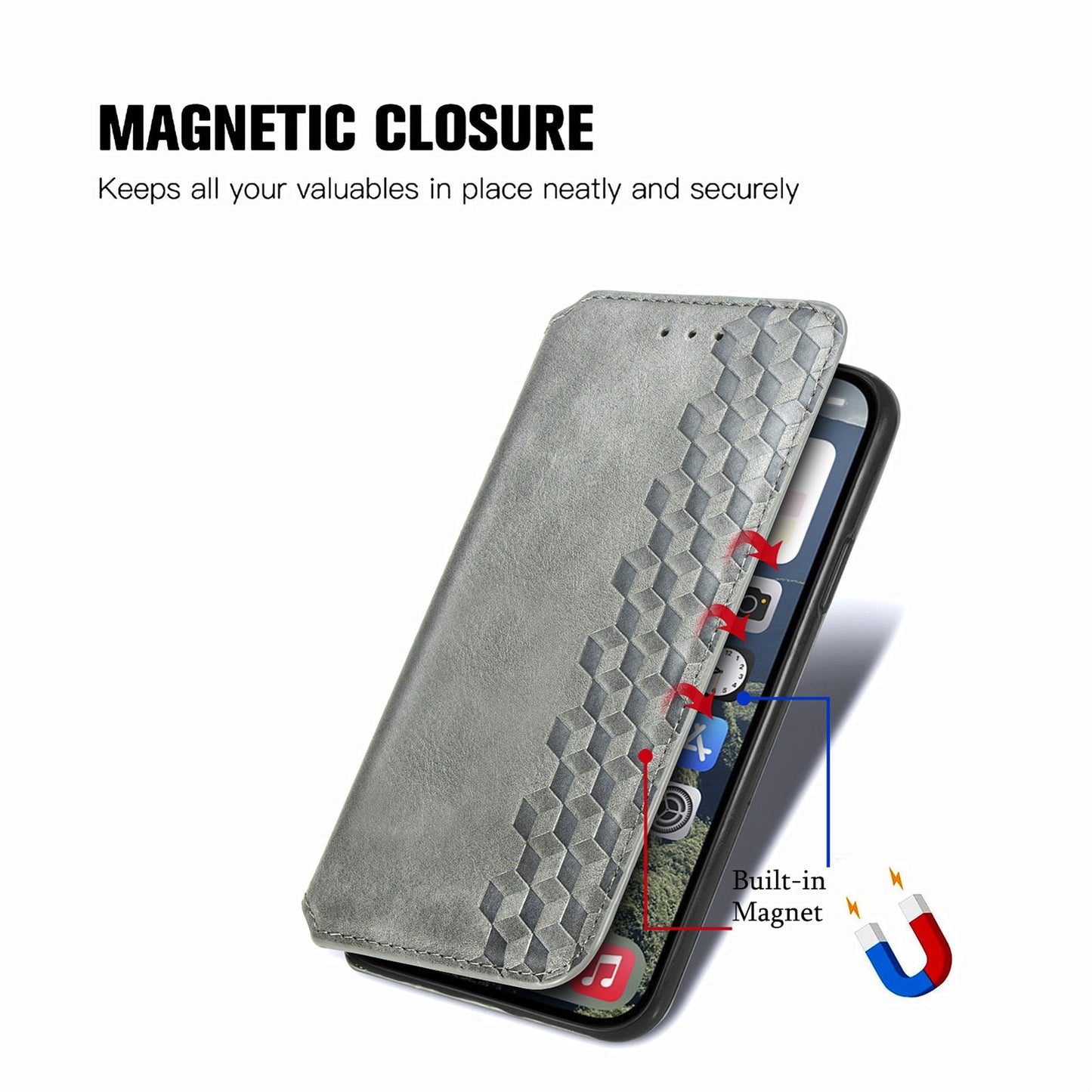 For iPhone 16e PU Leather Case Rhombus Imprint Wallet Stand Phone Cover - Grey