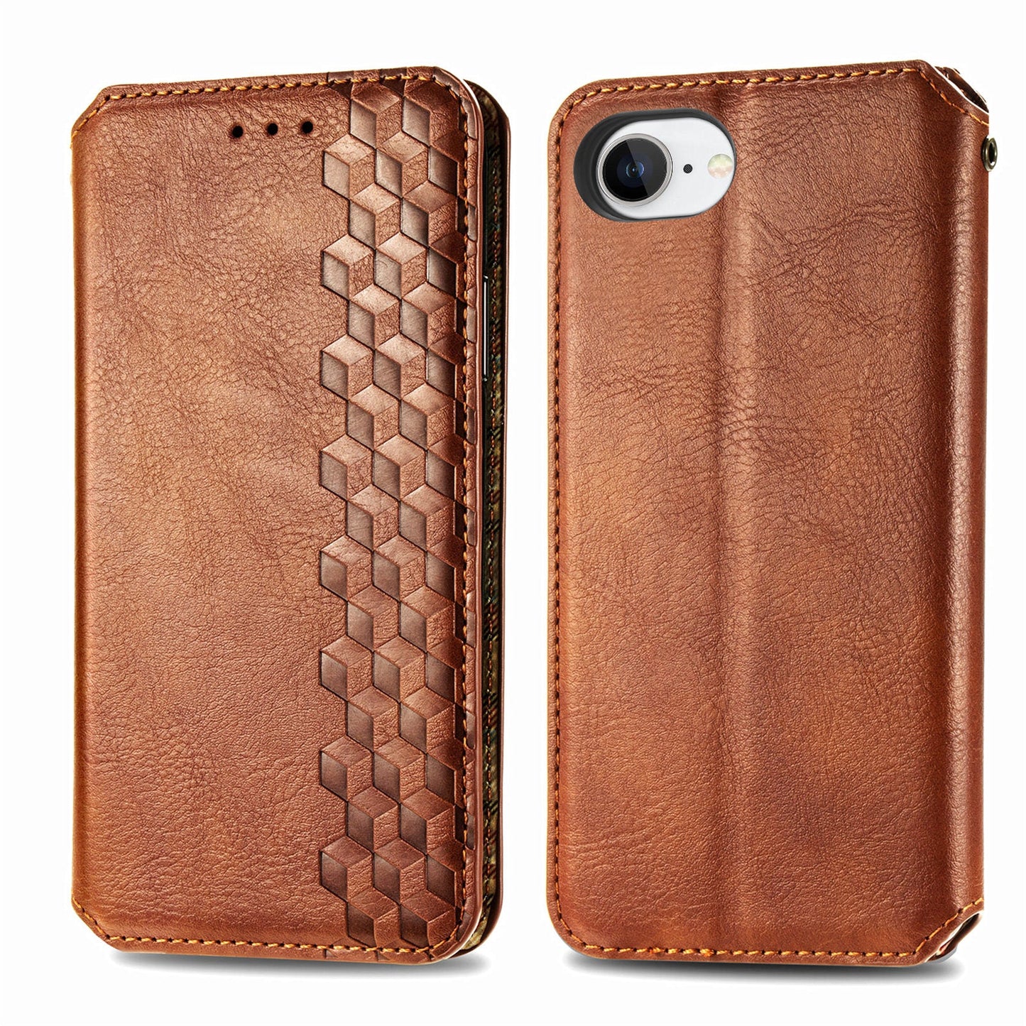 For iPhone 16e PU Leather Case Rhombus Imprint Wallet Stand Phone Cover - Brown